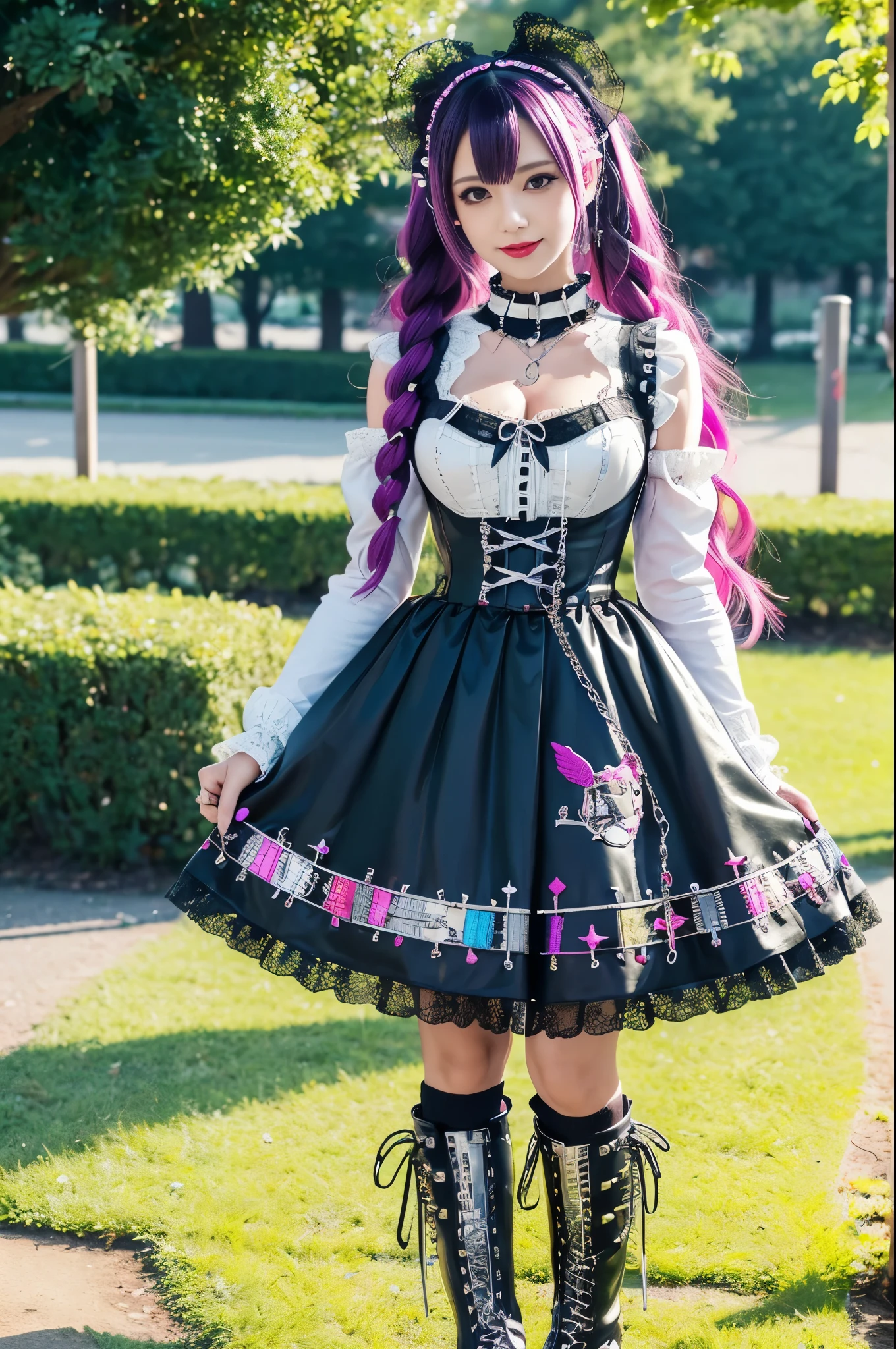 sexy stylish female model, only 1 female, ((doll-like appearance)), long colorful stylish hair, ((shiny Punk-Style boots)), (big smile), ultra detailed eyes, detailed makeup, lipgloss, ((sexy Punk Lolita cosplay)), unconventional skirt, petticoats, high neckline, ((ultra detailed lace)), ((ultra detailed embroidery)), intricate details, tartan patterns, ((silver chains)), ((silver spikes)), ((safety pins)), Punk Lolita accessoires, Punk Lolita choker, ((large sparkling Punk Lolita jewelry)), cinematic light, detailed large park background with trees
