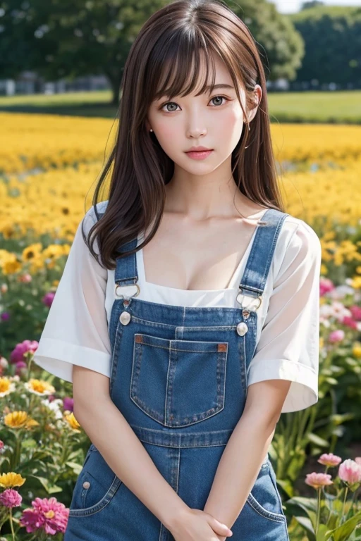 Slim and sharp facial contours、One Girl、（beautiful girl、Delicate girl：1.3）、（22 years old：1.3）、break、（????? and in overalls：1.3）、break、Very beautiful eyes、（Symmetrical eyes：1.3）、break、（Countless flowers、In a colorful flower field:1.3)、Perfectly shaped and anthropomorphic fingers、break、Small breasts、Brown eyes、Parted bangs、Brown Hair、break、(Eye and facial details:1.0)、break、(masterpiece、highest quality、Very detailed) 、Detailed face、8k）、Full body view from the knee up、blush、embarrassed 、double bun、strap slip、cleavage、