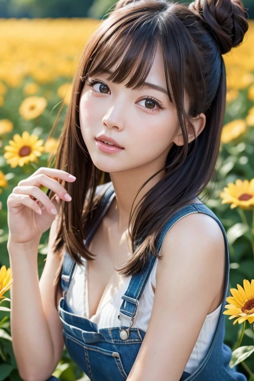 Slim and sharp facial contours、One Girl、(beautiful girl、Delicate girl:1.3)、(22 years old:1.3)、break、(Naked and in overalls:1.3)、break、Very beautiful eyes、(Symmetrical eyes:1.3)、break、(Countless flowers、In a colorful flower field:1.3)、Perfectly shaped and anthropomorphic fingers、break、Small breasts、Brown eyes、Parted bangs、Brown Hair、break、(Eye and facial details:1.0)、break、(masterpiece、highest quality、Very detailed) 、Detailed face、8k)、Full body view from the knee up、blush、embarrassed 、double bun、strap slip、cleavage、