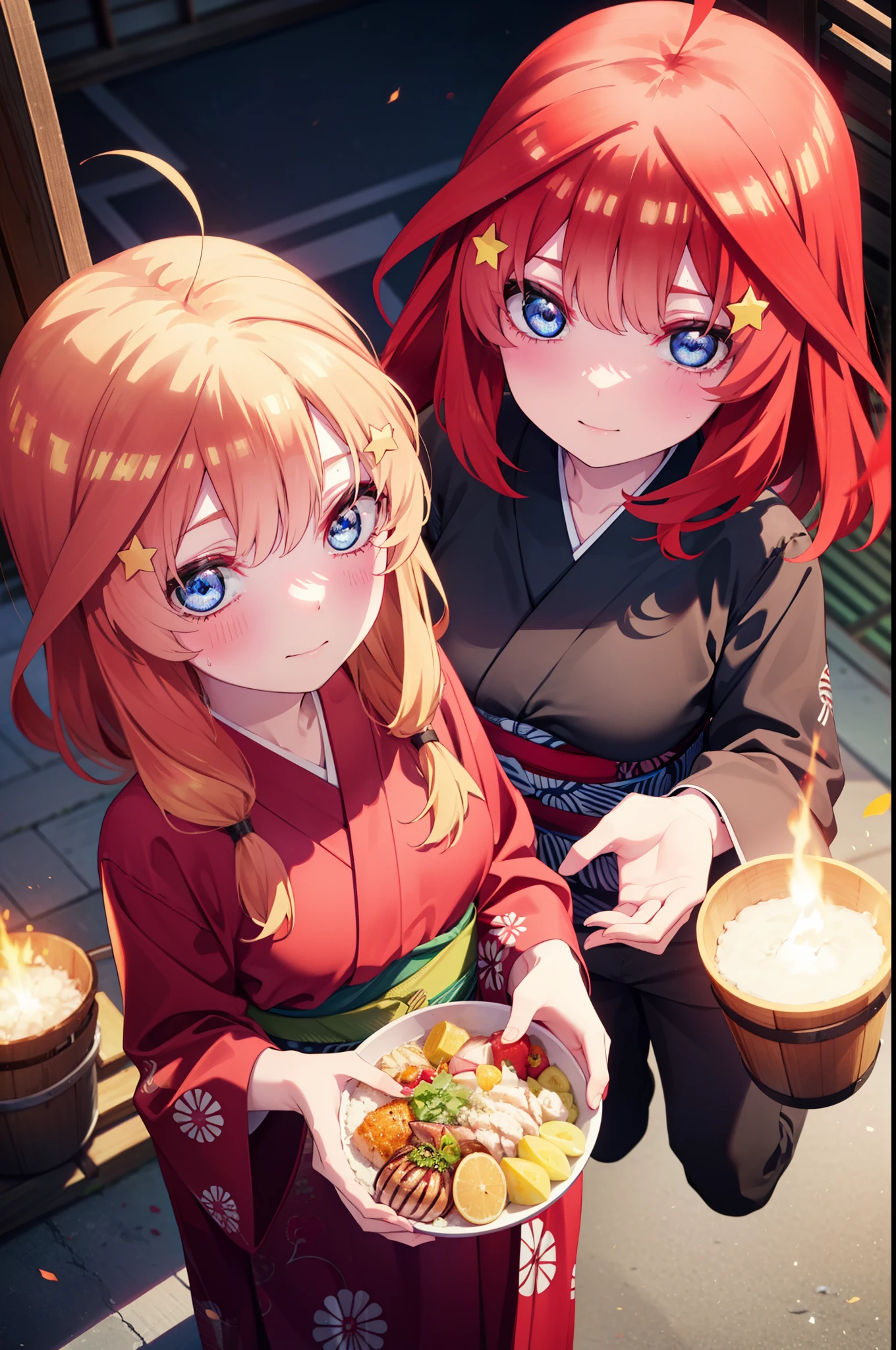 itsukinakano, Itsuki Nakano, bangs, blue eyes, Hair between the eyes, Ahoge, Redhead, star \(symbol\), hair ornaments, star hair ornaments,smile,Red Kimono,Long sleeve,Sandals,night空の花火,Fireworks display,Japanese Festivals,Summer festival food stalls,Red Lantern, night,whole bodyがイラストに入るように,Looking down from above,He is holding cotton candy in his right hand,
break outdoors, shrine, break looking at viewer,whole body,(Cowboy Shot:1. 5)
break (masterpiece:1.2), highest quality, High resolution, unity 8k wallpaper, (shape:0.8), (Beautiful and beautiful eyes:1.6), Highly detailed face, Perfect lighting, Highly detailed CG, (Perfect hands, Perfect Anatomy),