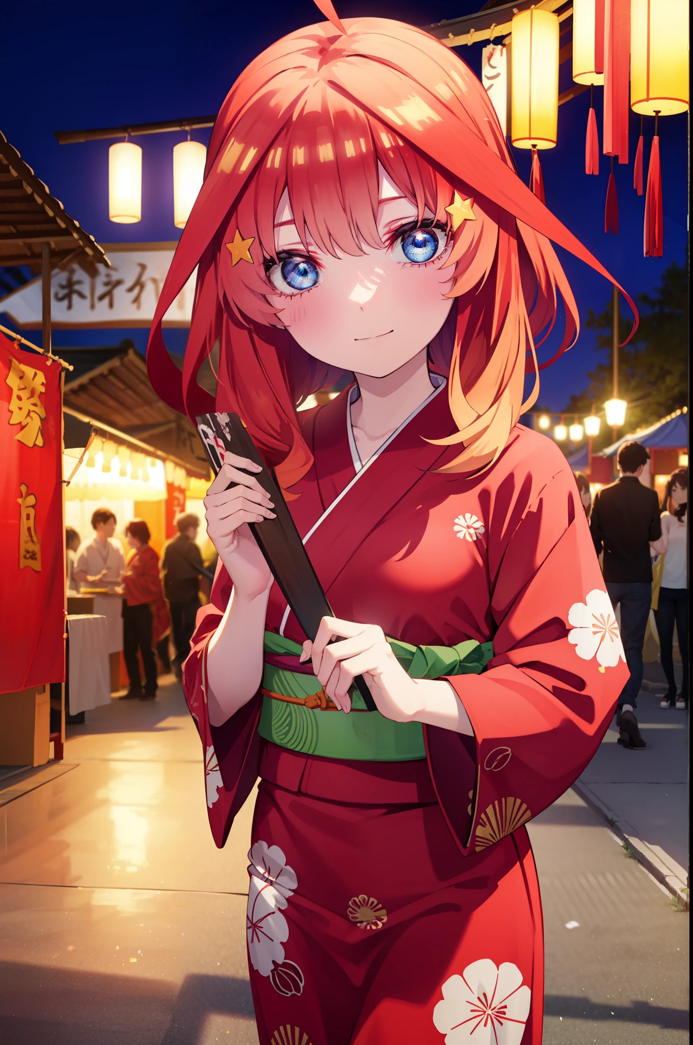 itsukinakano, Itsuki Nakano, bangs, blue eyes, Hair between the eyes, Ahoge, Redhead, star \(symbol\), hair ornaments, star hair ornaments,smile,Red Kimono,Long sleeve,Sandals,night空の花火,Fireworks display,Japanese Festivals,Summer festival food stalls,Red Lantern, night,whole bodyがイラストに入るように,Looking down from above,He is holding cotton candy in his right hand,
break outdoors, shrine,                                              break looking at viewer,whole body,(Cowboy Shot:1. 5)
break (masterpiece:1.2), highest quality, High resolution, unity 8k wallpaper, (shape:0.8), (Beautiful and beautiful eyes:1.6), Highly detailed face, Perfect lighting, Highly detailed CG, (Perfect hands, Perfect Anatomy),