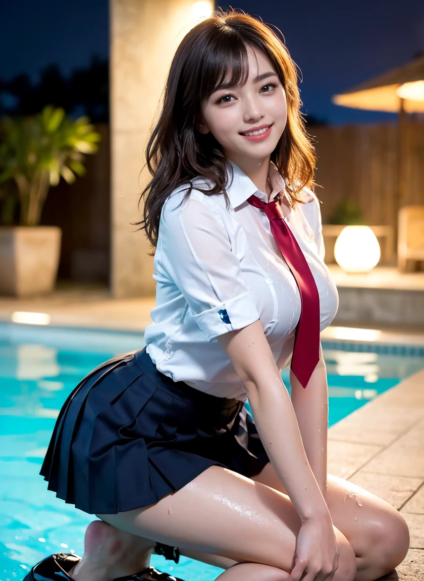 (((neat woman,(from below),Bright-eyed excitement,((kind big smile)),please touch me,eat me,tempting viewer,i want you))),((all fours,all fours,i can see your panties)),((((blush,red cheek)))),(cinematic lighting), (Photo real:1.4)、(A hyper-realistic:1.4)、(Photorealistic:1.3)、 (gentle lighting: 1.05)、(Improve the lighting quality of your video:0.9)、 32k、25years old woman、photorealistic lighting、Back lighting、Facial Lights、Ray Trace、(bright:1.2)、(Increase quality:1.4)、 (best quality real texture skin)、Fair eyes,delicate face、 Close-up of the face,  (((Wearing the tight white collared shirts,neck-tie,pleated navy skirt,little wet ,high-heel))),(Bodyline mood improvement:1.1)、Glossy skin、good figure,perfect anatomy,Beautiful actress,(((beautiful huge breasts,slender waist,slender hip,long slender legs,8heads tall))),(((8heads tall))),(((light brown wavy hair,curtain bangs))), (((sweat skin,shiny skin,in the beautiful modern night pool,super clean night view,in the night))),