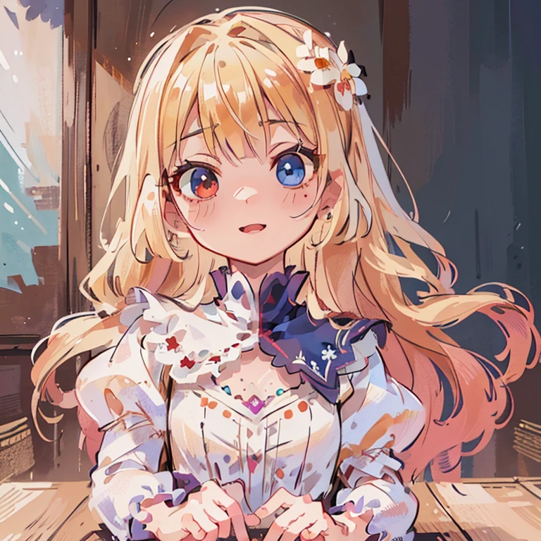 1girl, long flowing blonde hair, complete heterochromia eyes, left eye, crimson red, right eye, sapphire blue, ((one eye is a completely different color than the other)), wearing a cute white doll dress, ruffle sleeve, beautiful detailed eyes, beautiful detailed lips, extremely detailed face, long eyelashes, laughing, freedom, small, warm lighting, soft colors, dreamlike, whimsical, fantasy, magical realism, (best quality,4k,8k,highres,masterpiece:1.2),ultra-detailed,(realistic,photorealistic,photo-realistic:1.37),intricate details