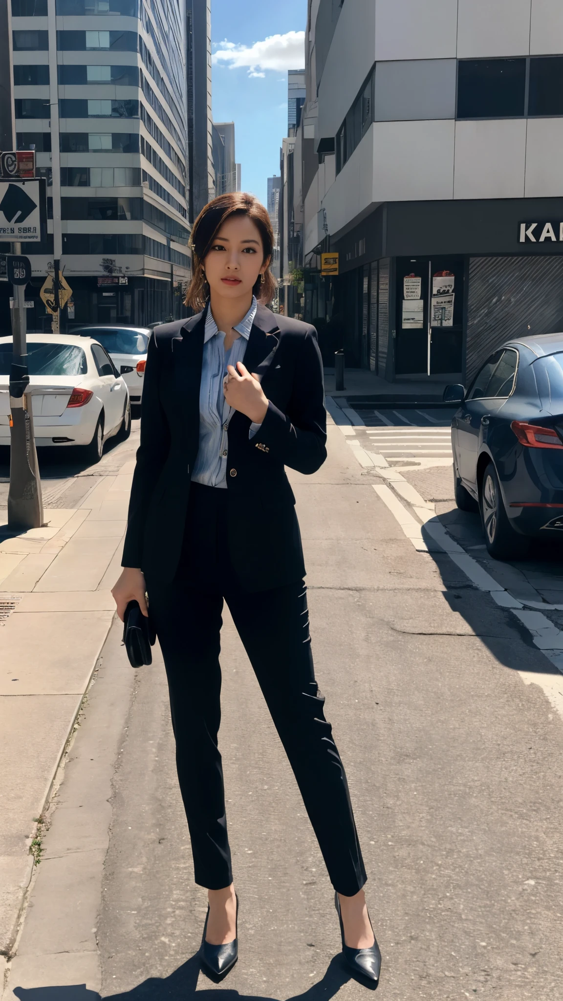 (8k, RAW Photos, highest quality, masterpiece: 1.2), (Realistic, photoRealistic: 1.37), 1 Woman in a suit standing on the sidewalk, Cityscape, Day, Sunny Morning, Professional Lighting, Photon Mapping, Radio City, Brazilian Women, Torn, shirt, Woman in a suit, Silk Suit