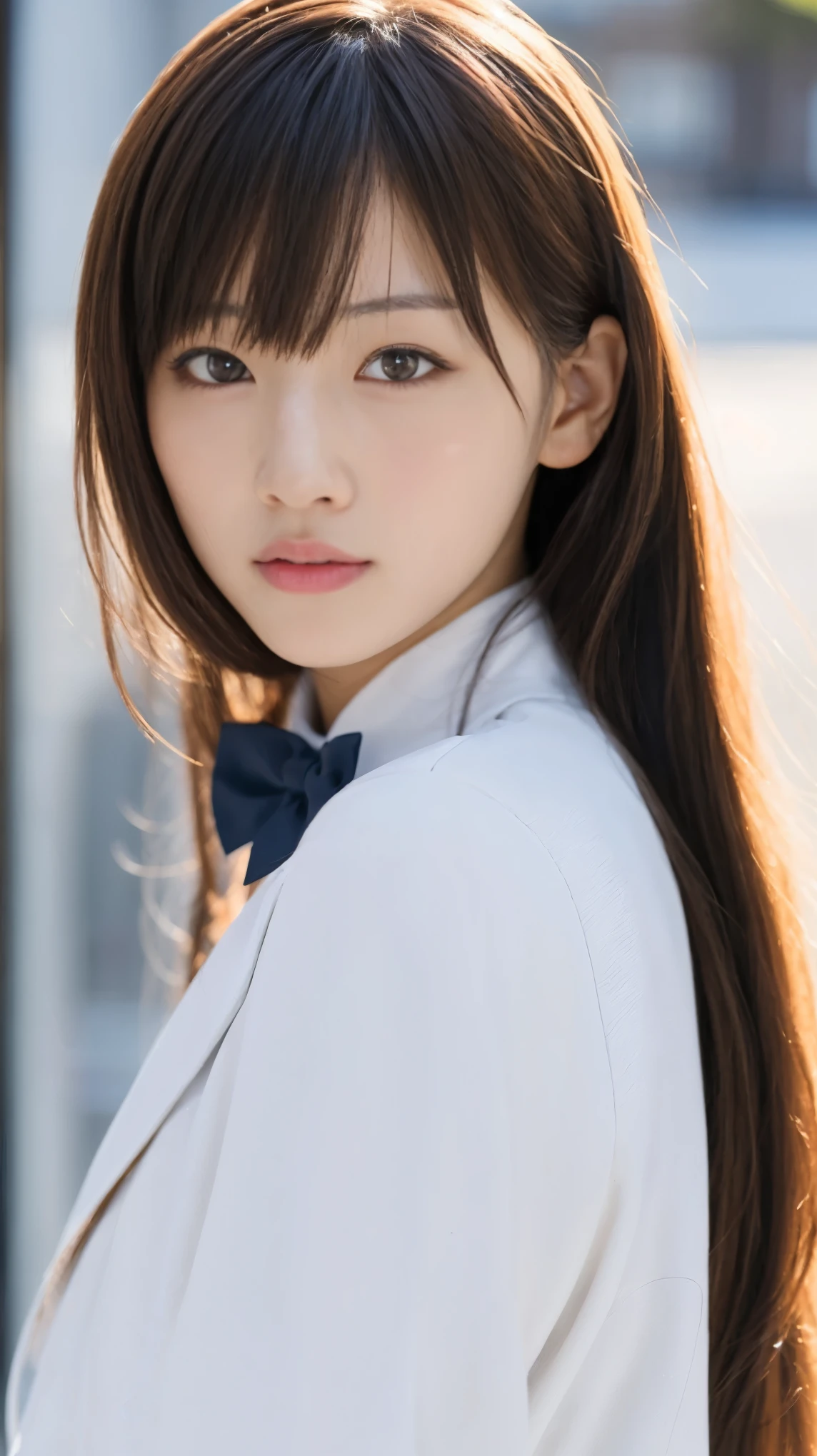 There is a woman with long hair wearing a white jacket and a bow tie., Korean Girls, Realistic young anime girl, Chinese Girl, Real life anime girls, Long Hair Anime Girl, Shirahime cut hairstyle, Cute natural anime face, Realistic Anime 3D Style, Beautiful Anime Girls, With a cute - lovely - face, Beautiful anime portraits, Beautiful Korean Women