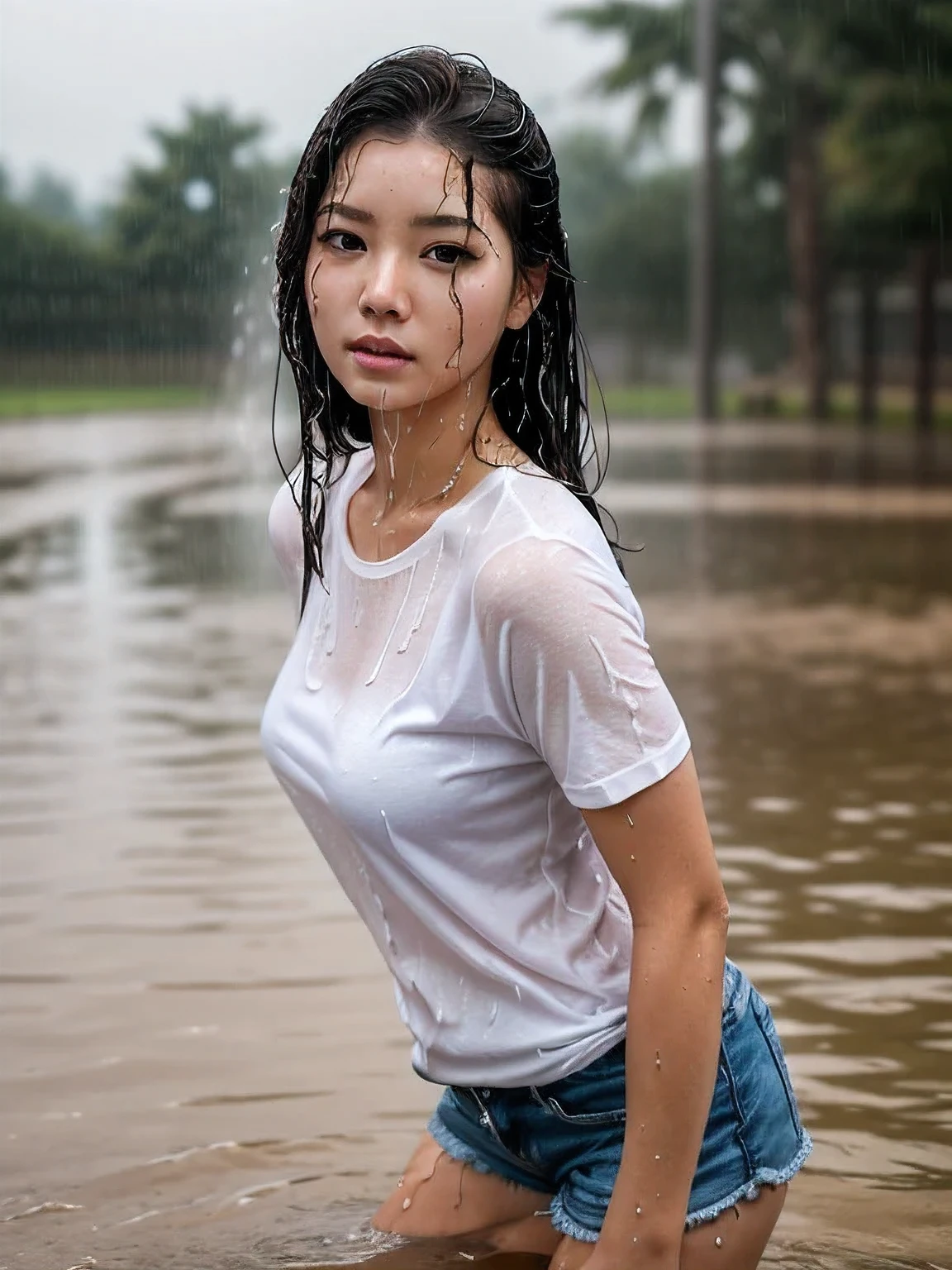 (raw photo:1.2), (photorealistic:1.4), huge file size, super detailed, high resolution, very detailed, best quality, masterpiece, very detailed, 8k wallpaper, amazing, Fine details, masterpiece, best quality, Korean woman, eyeliner, eyeshadow, detailed face, detailed eyes, white t-shirt, torrential rain, soaking wet, covered in dripping water, wet hair, wet dress, dripping water, glistening skin, f/2.0, park in background, water splashing on her head, jean shorts