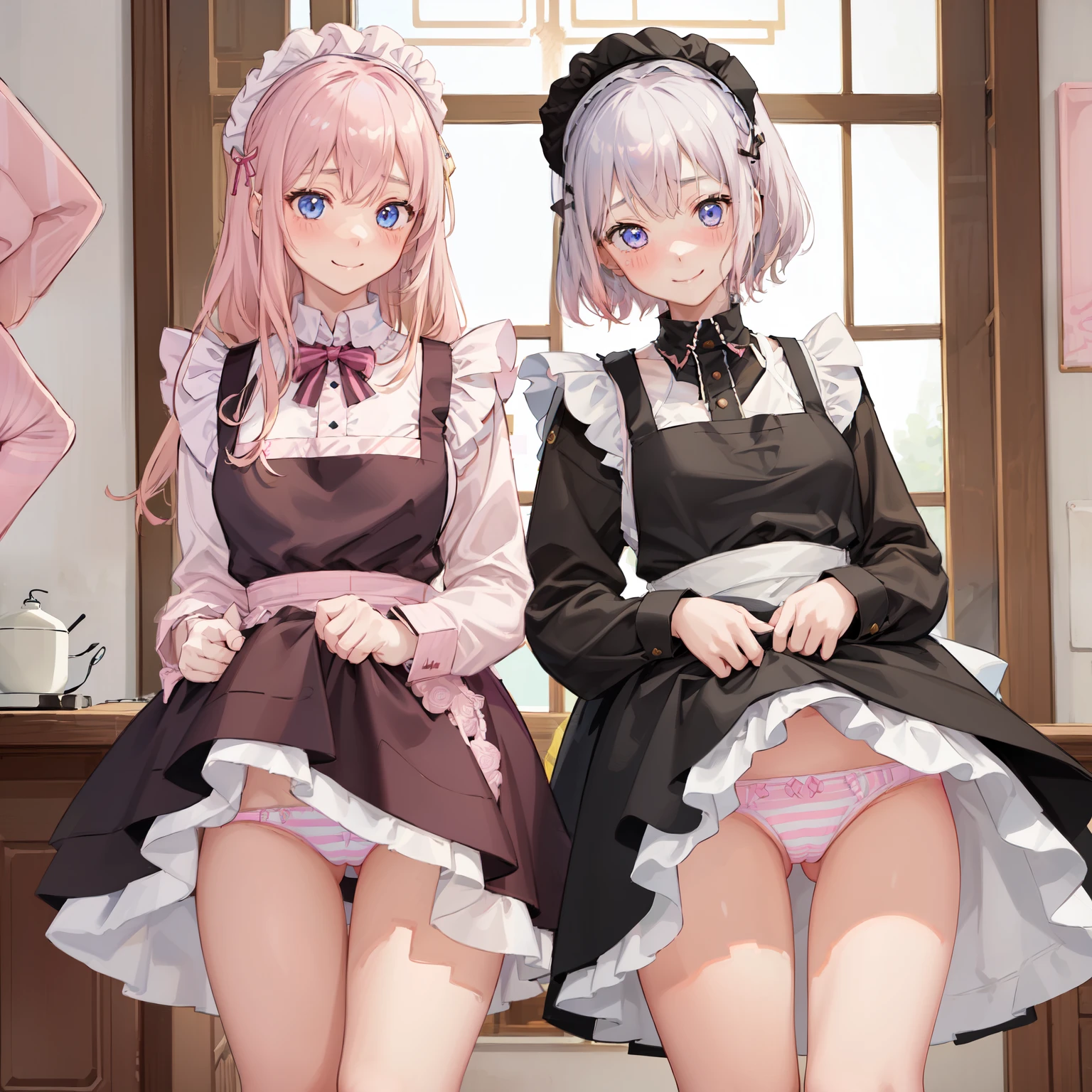 highest quality、masterpiece、((2 girls:1.5))、((smile:1.3))、(blush:1.3)、Black Shirt、blouse、((fun!!))、(Small breasts)、()、Blonde、(Long sleeve)、((White apron:1.5))、((Maid))、((hair ornaments)),、Kamimei、look at me、 ((in house:1.5))、 Taking a break from watching the audience、Cowboy Shot、(Skirt lift:1.3),(Highly detailed pink striped panties:1.3)、(Highly detailed panties:1.3)、、(スカート that rolls up:1.3)、(Panties fully exposed:1.5)、Light blue eyes、long hair、Glowing Eyes
