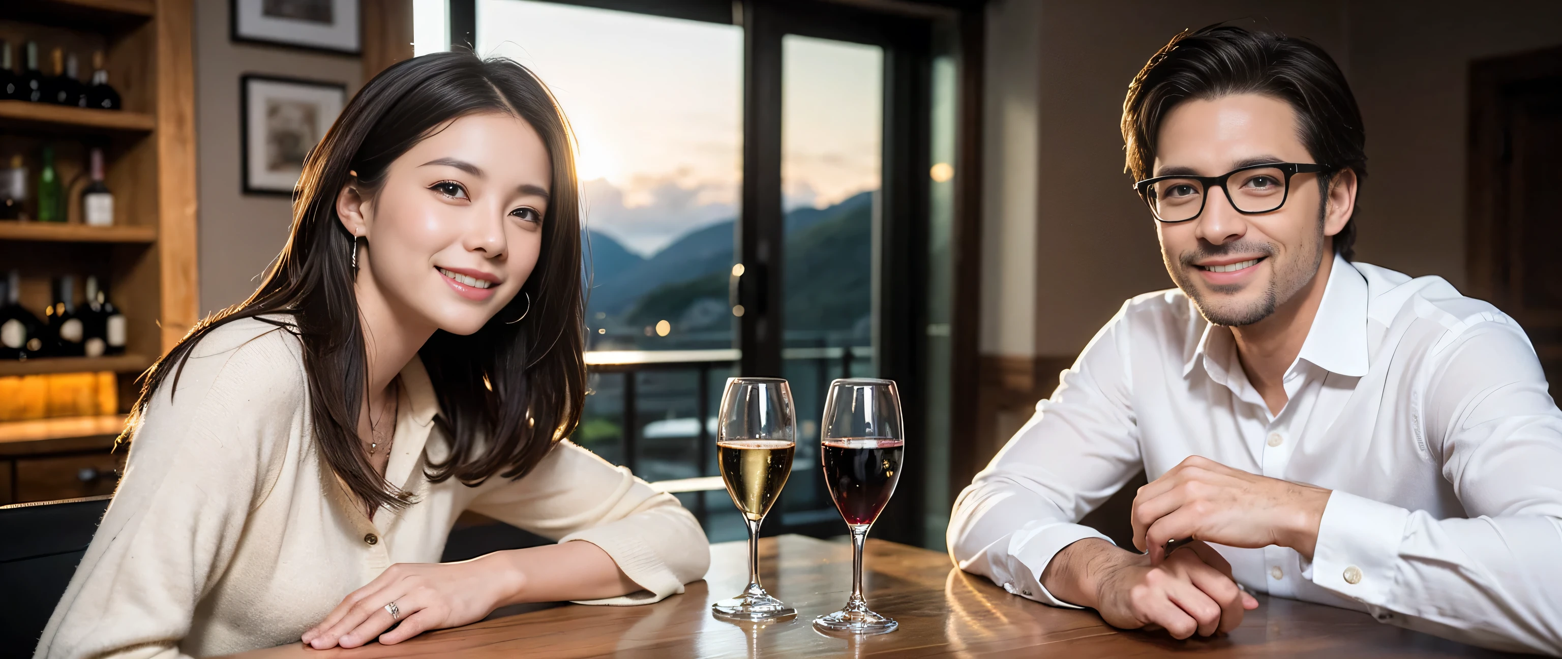 ((highest quality、8k、masterpiece:1.3))、1 male、1 female、Couple、Spouse、Couple、The body is slim、((Bob Hale、Straight hair:1.2)), (Realistic, Intricate details:1.2), Wine glass on the table、Put the light on your face、 Amazing view of the sunset sky and clouds、Amazing mountain views、A bright smile、The wonderfulness of smile、Bright image、The beauty of wine, Beautiful Face, blue eyes, The light shines on your face, Blushing, short hair,Bright Face、 (Age 37), 39 years old, red wine 、Appetizers、Italian food、Wine bottle、Champagne、sparkling wine、Two beauties、Brown Hair、Shortcuts、Long sleeve shirt、dress、Pretty Woman 1, (Slim face), (The body is slim), (Brown Hair), (Shortcuts), cheeks turn a little red,Attractive beauty、restaurant, In a prominent place (From the waist up) Nova Frog Style, actress, model, Upper Body, White wine, slim, wine glass, A wine glass placed in the center, smile, (smile: 1.15), Beautiful fine grain, Depth f/2,saturation, High Contrast, Strong light and shadow,Moist Body:1.5、3D texture、Delicate eyes、Brown Hair、The hair is very shiny、