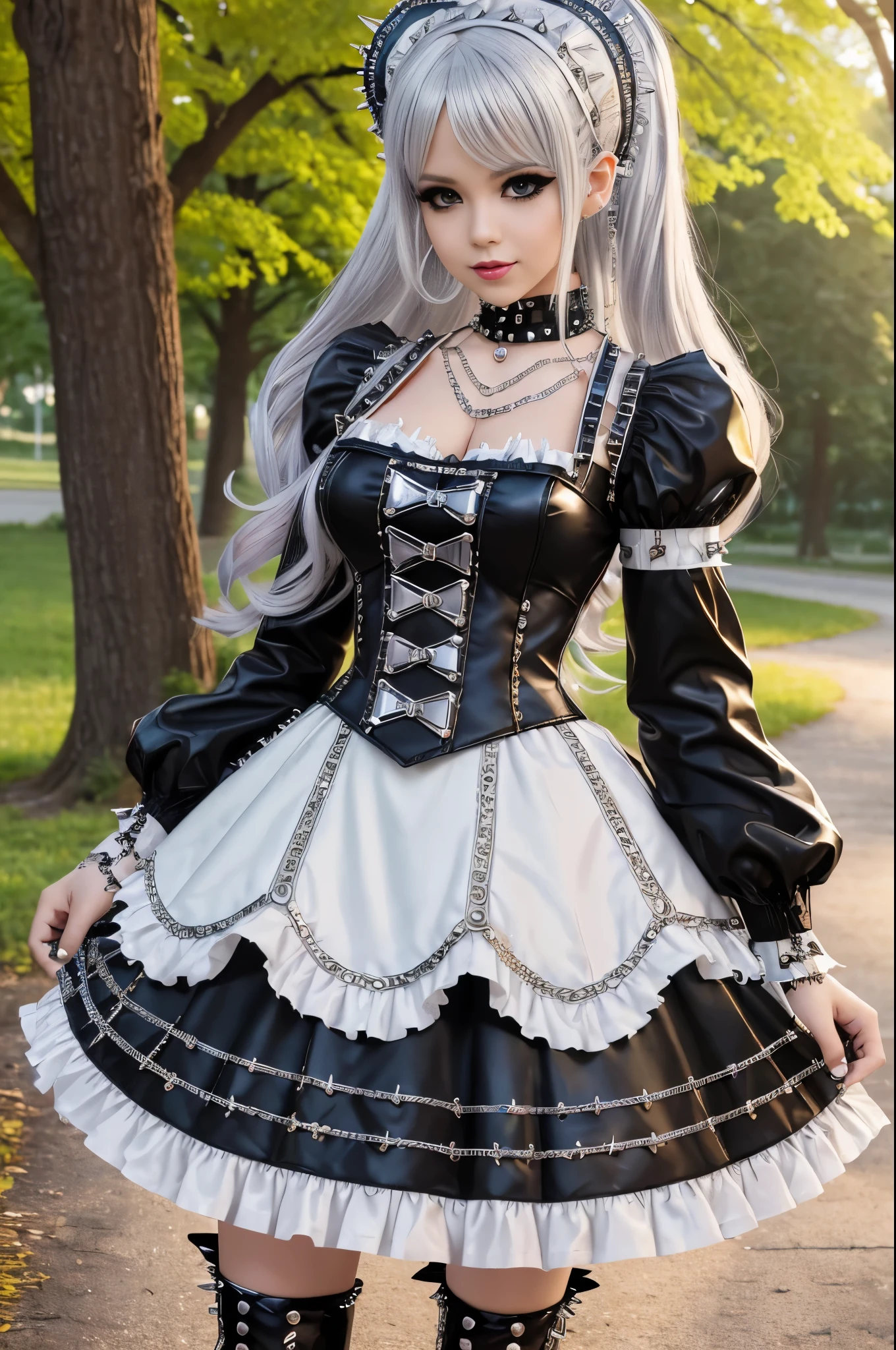 sexy stylish female model, only 1 female, ((doll-like appearance)), long colorful stylish hair, ((shiny Punk-Style boots)), (big smile), ultra detailed eyes, detailed makeup, lipgloss, ((sexy Punk Lolita cosplay)), unconventional skirt, petticoats, high neckline, ((ultra detailed lace)), ((ultra detailed embroidery)), intricate details, tartan patterns, ((silver chains)), ((silver spikes)), ((safety pins)), Punk Lolita accessoires, Punk Lolita choker, ((large sparkling Punk Lolita jewelry)), cinematic light, detailed large park background with trees 
