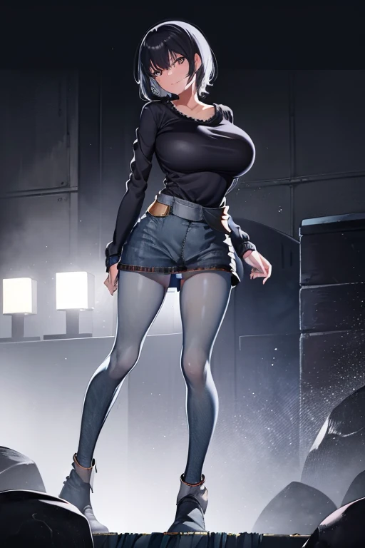Best Quality, masutepiece, high resolution, (extremely fine and beautiful:1.1), (perfect details:1.1), (finely detailed eyes and detailed face:1.3), 1girl, (black hair:2.0, grey hair), AkaneS, hex maniac, dark brown eyes, ((short hair, large breasts, t-shirt, jacket, tented shirt, shirt tucked in, impossible clothes, loose, denim skirt:1.5)), (full body), supermodel, 170cm tall, smile