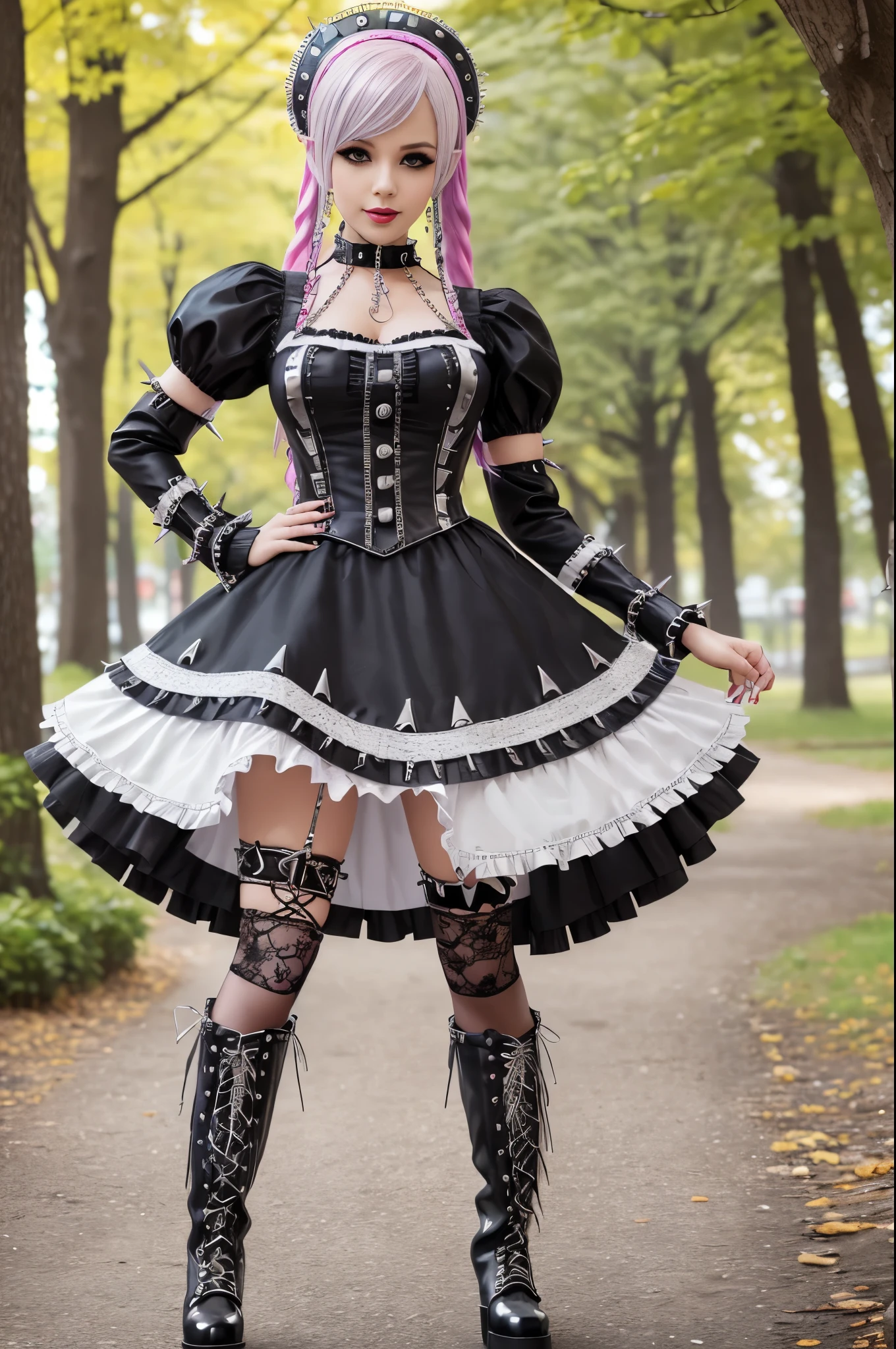 sexy stylish female model, only 1 female, ((doll-like appearance)), long colorful stylish hair, ((shiny Punk-Style boots)), (big smile), ultra detailed eyes, detailed makeup, lipgloss, ((sexy Punk Lolita cosplay)), unconventional skirt, petticoats, high neckline, ((ultra detailed lace)), ((ultra detailed embroidery)), intricate details, tartan patterns, ((silver chains)), ((silver spikes)), ((safety pins)), Punk Lolita accessoires, Punk Lolita choker, ((large sparkling Punk Lolita jewelry)), cinematic light, detailed large park background with trees
