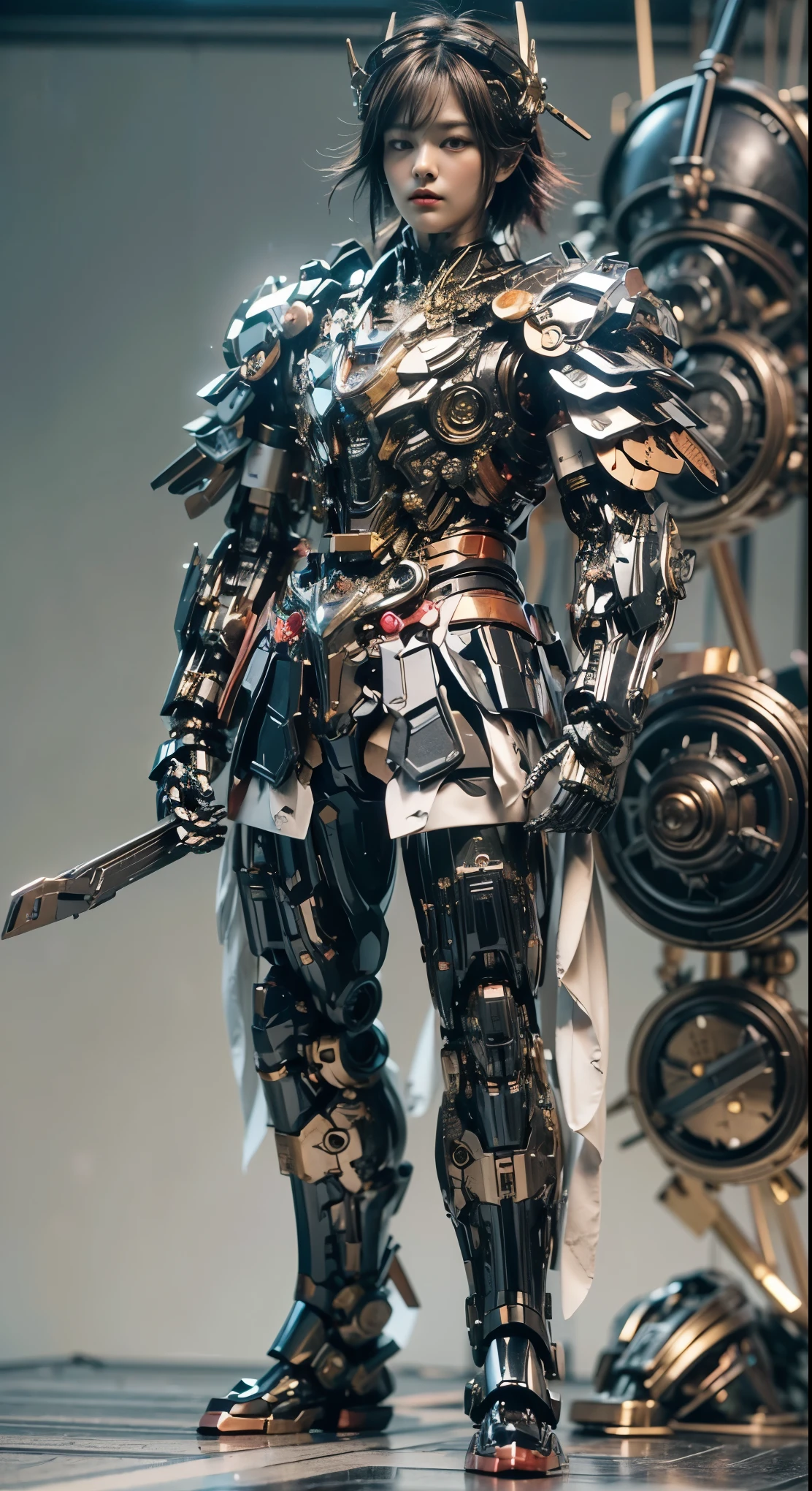 (top-quality:1.2, masterpiece)、ultra high resolution、extremely ultra surrealism, (Photorealsitic:1.4)、Raw photo、(Steampunk Battle Cyborg fallen angel)、large wings made of metal、black porcelain body、red hair、glowy skin、1 Cyborg girl、(mechanical frame:1.3)japanese, extremely cute face, ((super realistic details))、portrait、globalillumination、Shadow、octan render、8K、ultrasharp、character edge light、Details of complex ornaments、Acrylic Clear Cover、Sumerian details、Hydraulic cylinder、Small LED lamp、highly intricate detail、Realistic light、a purple eye、radiant eyes、Facing the camera、neon details、cowboy shot、Futuristic headgear、About Cyberpunk