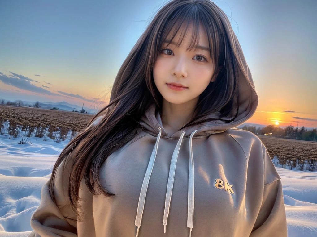 ((top-quality、8K、​masterpiece:1.3))、1girl in、Beautiful woman standing on snowy mountain:1.3、(brown long-haired、Colossal tits:1.4)、(Big Silhouette M51 Field Hoodie:1.5)、Super delicate face、Delicat eyes、double eyelid、Close-up of upper body from below、Sunset、