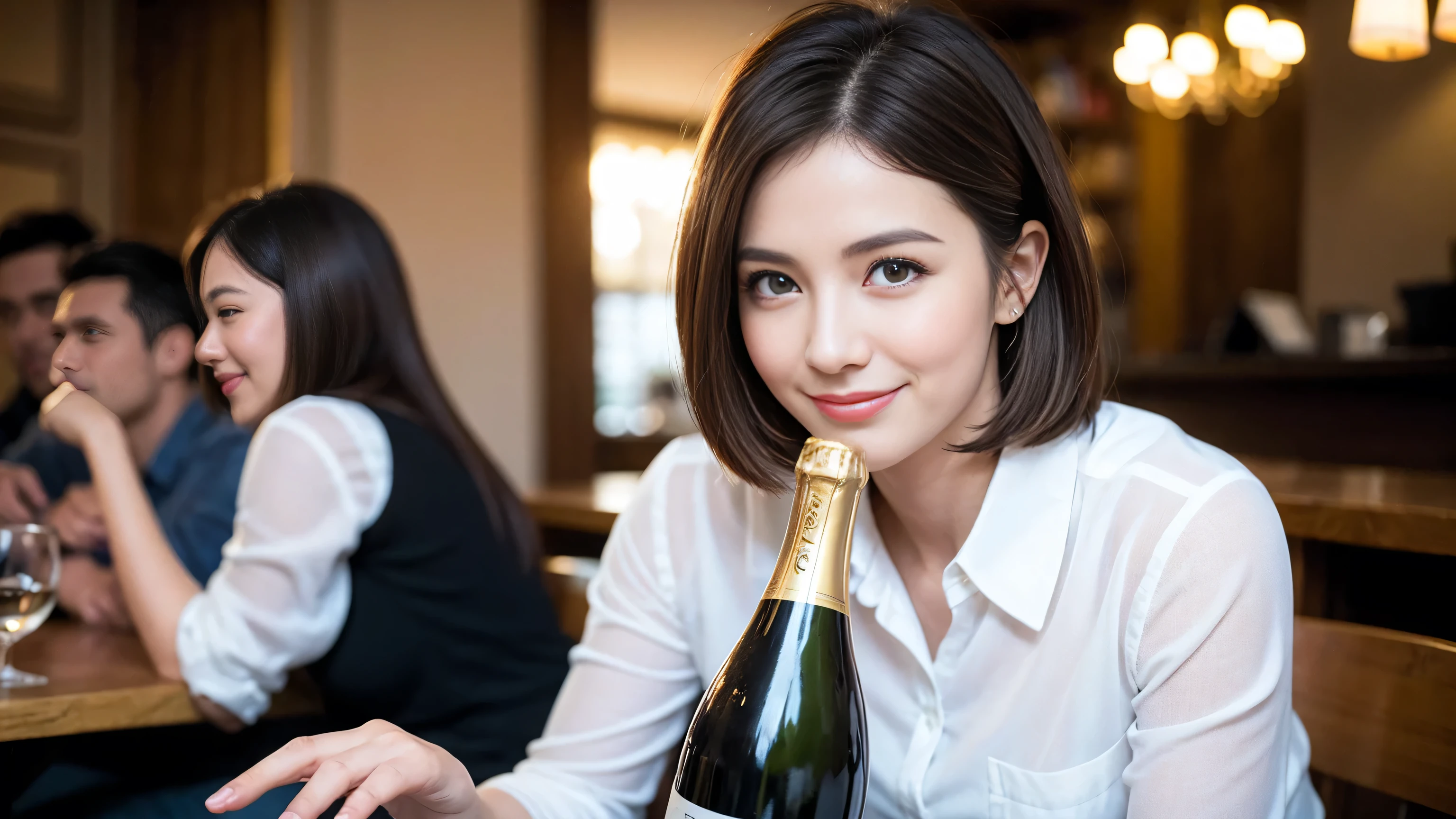((highest quality、8k、masterpiece:1.3))、1 male、1 female、Couple、Spouse、Couple、The body is slim、((Bob Hale、Straight hair:1.2)), (Realistic, Intricate details:1.2), Wine glass on the table、Put the light on your face、 Amazing view of the sunset sky and clouds、Amazing mountain views、A bright smile、The wonderfulness of smile、Bright image、The beauty of wine, Beautiful Face, blue eyes, The light shines on your face, Blushing, short hair,Bright Face、 (Age 37), 39 years old, red wine 、Appetizers、Italian food、Wine bottle、Champagne、sparkling wine、Two beauties、Brown Hair、Shortcuts、Long sleeve shirt、dress、Pretty Woman 1, (Slim face), (The body is slim), (Brown Hair), (Shortcuts), cheeks turn a little red,Attractive beauty、restaurant, In a prominent place (From the waist up) Nova Frog Style, actress, model, Upper Body, White wine, slim, wine glass, A wine glass placed in the center, smile, (smile: 1.15), Beautiful fine grain, Depth f/2,saturation, High Contrast, Strong light and shadow,Moist Body:1.5、3D texture、Delicate eyes、Brown Hair、The hair is very shiny、