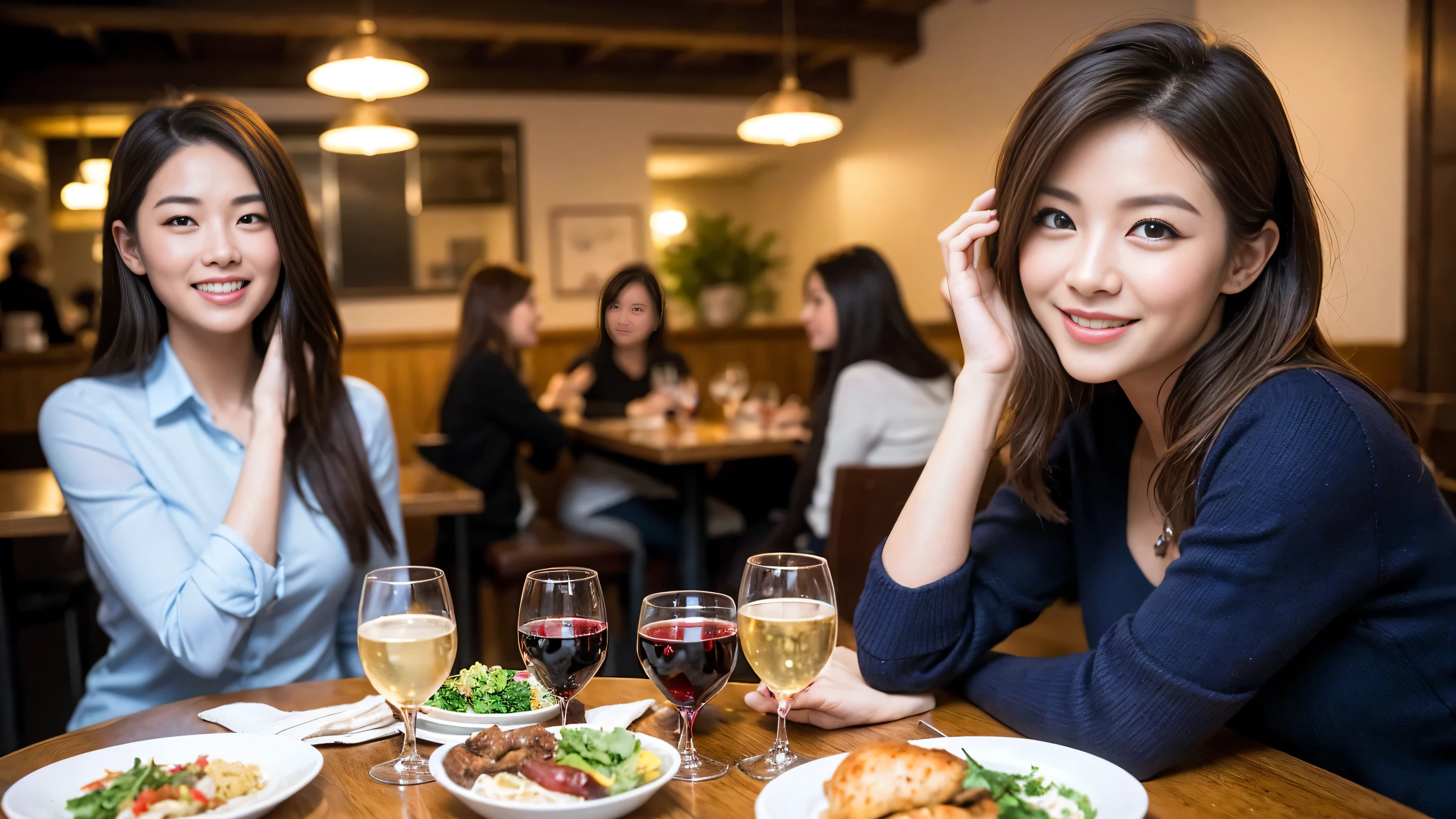 ((highest quality、8k、masterpiece:1.3))、1 male、1 female、Couple、Spouse、Couple、The body is slim、((Bob Hale、Straight hair:1.2)), (Realistic, Intricate details:1.2), Wine glass on the table、Put the light on your face、 Amazing view of the sunset sky and clouds、Amazing mountain views、A bright smile、The wonderfulness of smile、Bright image、The beauty of wine, Beautiful Face, blue eyes, The light shines on your face, Blushing, short hair,Bright Face、 (Age 37), 39 years old, red wine 、Appetizers、Italian food、Wine bottle、Champagne、sparkling wine、Two beauties、Brown Hair、Shortcuts、Long sleeve shirt、dress、Pretty Woman 1, (Slim face), (The body is slim), (Brown Hair), (Shortcuts), cheeks turn a little red,Attractive beauty、restaurant, In a prominent place (From the waist up) Nova Frog Style, actress, model, Upper Body, White wine, slim, wine glass, A wine glass placed in the center, smile, (smile: 1.15), Beautiful fine grain, Depth f/2,saturation, High Contrast, Strong light and shadow,Moist Body:1.5、3D texture、Delicate eyes、Brown Hair、The hair is very shiny、