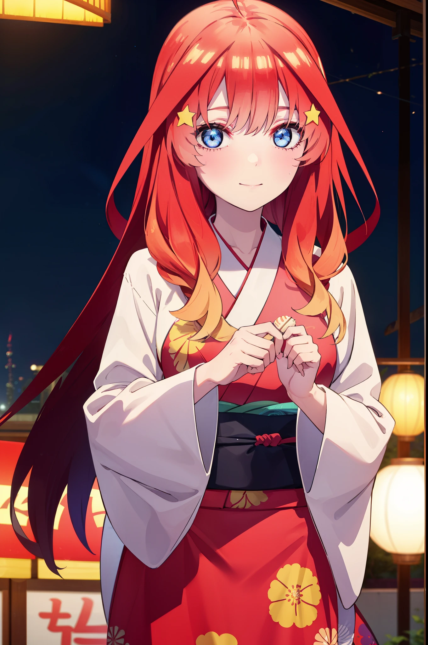 itsukinakano, Itsuki Nakano, bangs, blue eyes, Hair between the eyes, Ahoge, Redhead, star \(symbol\), hair ornaments, star hair ornaments,smile,Red Kimono,Long sleeve,Sandals,night空の花火,Fireworks display,Japanese Festivals,Summer festival food stalls,Red Lantern, night,whole bodyがイラストに入るように,Looking down from above,He is holding cotton candy in his right hand,
break outdoors, shrine, break looking at viewer,whole body,
break (masterpiece:1.2), highest quality, High resolution, unity 8k wallpaper, (shape:0.8), (Beautiful and beautiful eyes:1.6), Highly detailed face, Perfect lighting, Highly detailed CG, (Perfect hands, Perfect Anatomy),