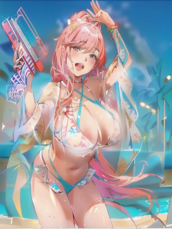 A woman in a bikini holding a red object near a swimming pool, Attractive anime girl, Pixiv 3DCG, Ink art anime , Top rated on Pixiv, OPPEIN, realistic bikini, Popularity on pixiv, , Tick, High quality anime art style, is wearing a swimsuit, Kitagawa Marin Fan Art, swimsuit
