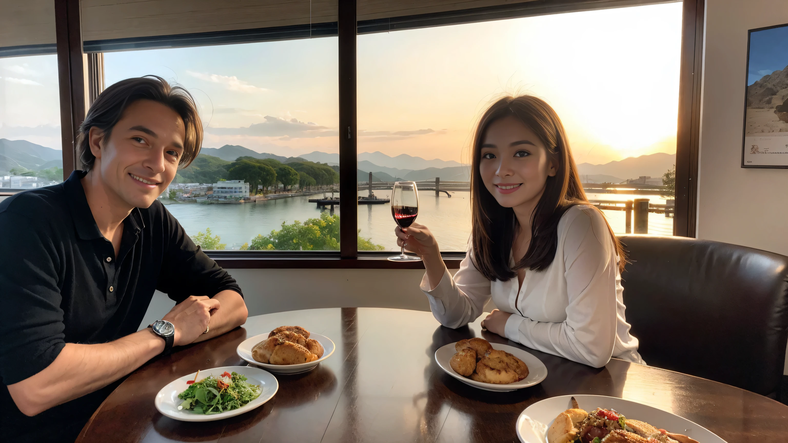 ((highest quality、8k、masterpiece:1.3))、1 male、1 female、Couple、Spouse、Couple、The body is slim、((Bob Hale、Straight hair:1.2)), (Realistic, Intricate details:1.2), Wine glass on the table、Put the light on your face、 Amazing view of the sunset sky and clouds、Amazing mountain views、A bright smile、The wonderfulness of smile、Bright image、The beauty of wine, Beautiful Face, blue eyes, The light shines on your face, Blushing, short hair,Bright Face、 (Age 37), 39 years old, red wine 、Appetizers、Italian food、Wine bottle、Champagne、sparkling wine、Two beauties、Brown Hair、Shortcuts、Long sleeve shirt、dress、Pretty Woman 1, (Slim face), (The body is slim), (Brown Hair), (Shortcuts), cheeks turn a little red,Attractive beauty、restaurant, In a prominent place (From the waist up) Nova Frog Style, actress, model, Upper Body, White wine, slim, wine glass, A wine glass placed in the center, smile, (smile: 1.15), Beautiful fine grain, Depth f/2,saturation, High Contrast, Strong light and shadow,Moist Body:1.5、3D texture、Delicate eyes、Brown Hair、The hair is very shiny、