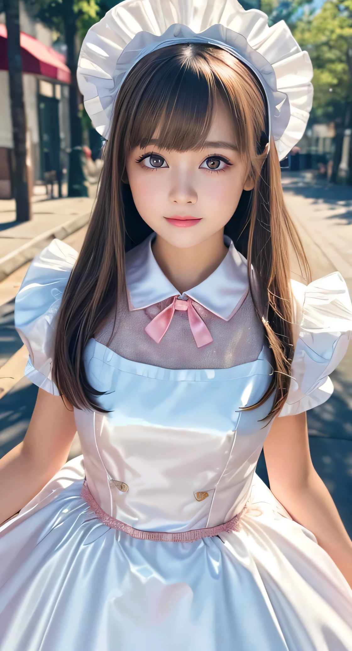 Angelic very beautiful cute young girl,
Beautiful detailed eyes, (6 yo:1.2),
Detailed double eyelids,
(Soft Saturation: 1.3),
(Fair skin: 1.3),v-line jaw,
(Large eyes:1.4),
Long straight brown hair,
see-through bangs,
Sharp Focus,
beautiful detailed face and eyes,
drooping eyes,
small straight nose,
small mouth,
happy smiling with visible teeth, 85mm lens, F/8.0,BREAK (Super shiny white and metallic coral pink maid costume :1.3),Walking,Brown hair ,(Costumes with strong reflective surfaces:1.3),
(Best Quality:1.2),(Maid costume:1.5),
Raw photo,
High resolution,
perfect detail,
Professional Photography,
Professional Lighting,
Powerful lighting of the costume,In the street