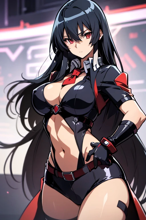 masterpiece, best quality, akame (akame ga kill!), full body, 1girl, solo, long hair, black hair, red eyes, necktie, very long hair, looking at viewer, gloves, breasts