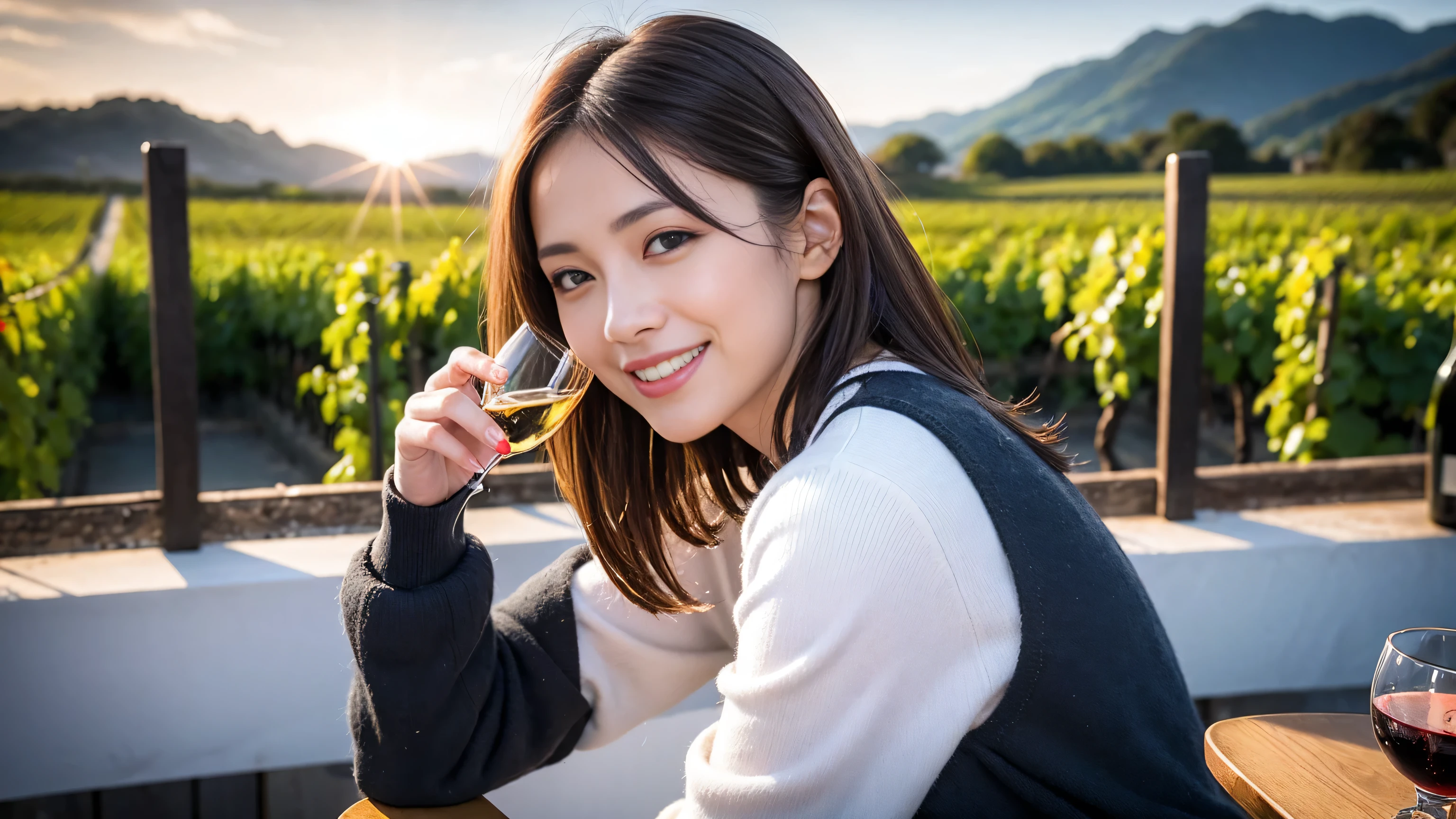 ((highest quality、8k、masterpiece:1.3))、1 male、1 female、Couple、Spouse、Couple、The body is slim、((Bob Hale、Straight hair:1.2)), (Realistic, Intricate details:1.2), Wine glass on the table、Put the light on your face、 Amazing view of the sunset sky and clouds、Amazing mountain views、A bright smile、The wonderfulness of smile、Bright image、The beauty of wine, Beautiful Face, blue eyes, The light shines on your face, Blushing, short hair,Bright Face、 (Age 37), 39 years old, red wine 、Appetizers、Italian food、Wine bottle、Champagne、sparkling wine、Two beauties、Brown Hair、Shortcuts、Long sleeve shirt、dress、Pretty Woman 1, (Slim face), (The body is slim), (Brown Hair), (Shortcuts), cheeks turn a little red,Attractive beauty、restaurant, In a prominent place (From the waist up) Nova Frog Style, actress, model, Upper Body, White wine, slim, wine glass, A wine glass placed in the center, smile, (smile: 1.15), Beautiful fine grain, Depth f/2,saturation, High Contrast, Strong light and shadow,Moist Body:1.5、3D texture、Delicate eyes、Brown Hair、The hair is very shiny、