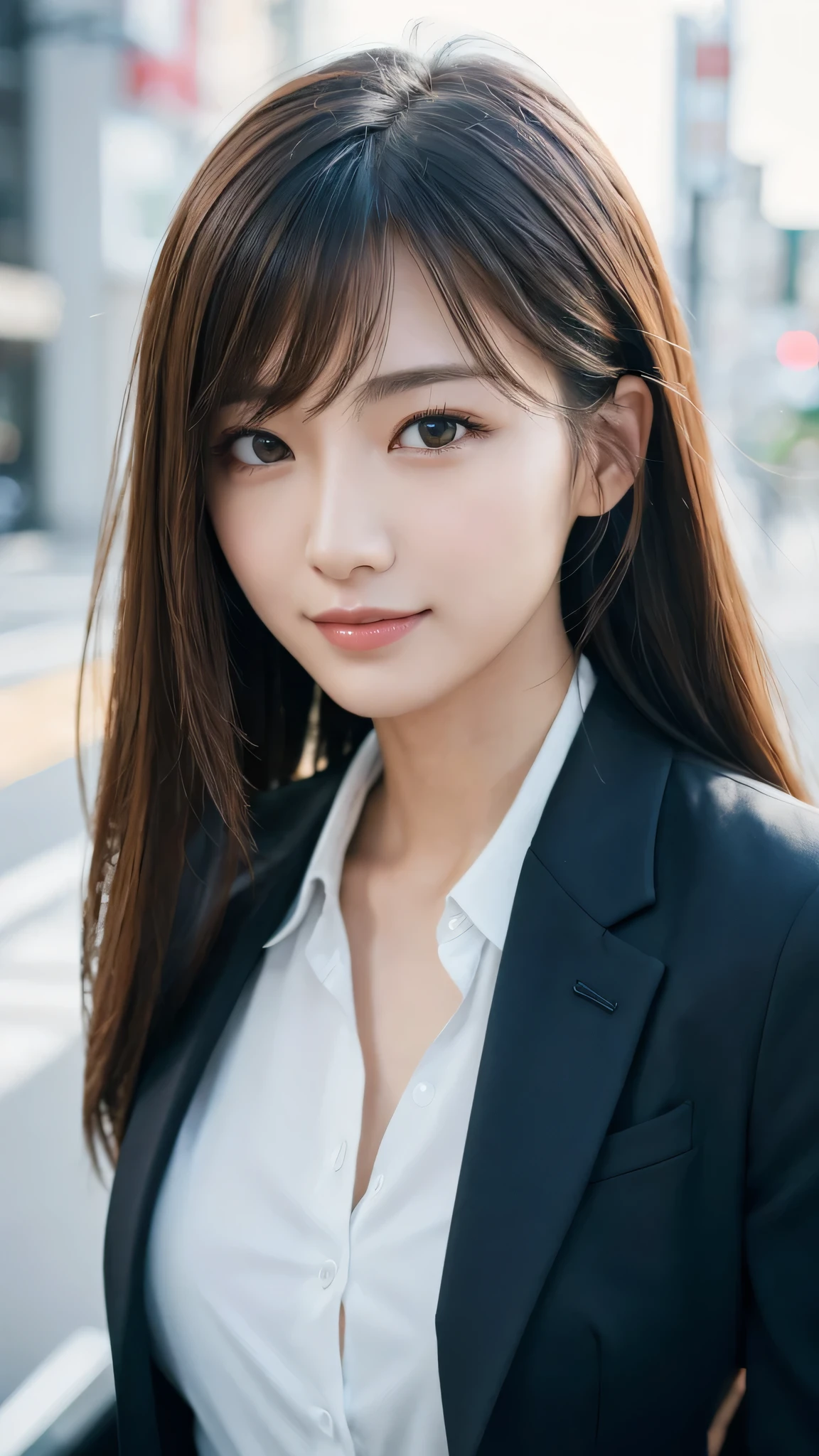 table top、highest quality、genuine、Super detailed、finely、High resolution、8k wallpaper、one beautiful woman、、、light brown disheveled hair、wearing a business suit、sharp focus、perfect dynamic composition、beautiful and detailed eyes、thin hair、Detailed genuine skin texture、smile、model body shape、In Tokyo at morning、Brush your hair up with your fingers.