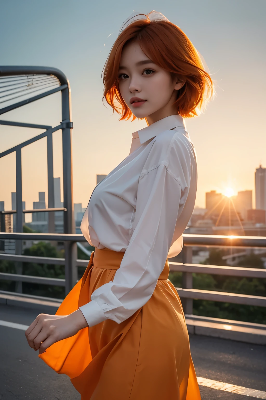 whole body、Friendly faces、1 pretty girl、blouse、skirt、pedestrian bridge、skyscraper、sunset、complex background、detailed hair、light orange hair、dim lighting、short hair length、There is movement