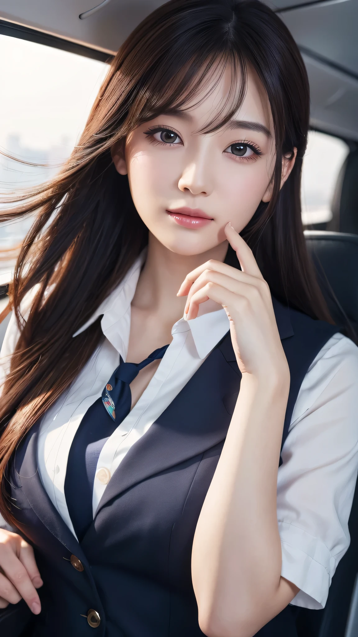 Super detailed, High resolution, Super detaileded, highest quality, wonderful, highest quality,Integrated 8K wallpaper, cinematic lighting, stewardess、20-year-old、Japanese、Brush your hair up with your fingers.
