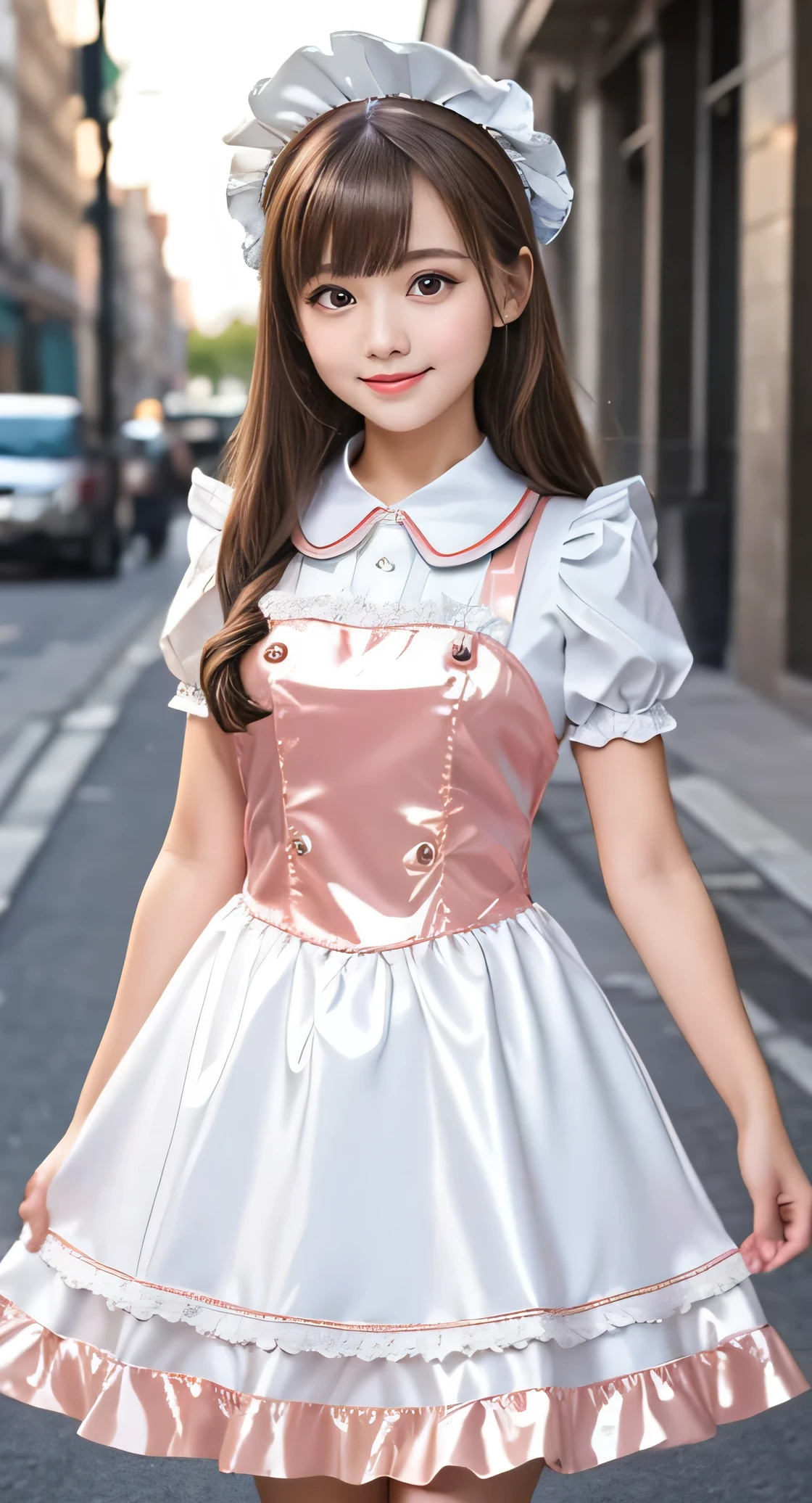 Angelic very beautiful cute young girl,
Beautiful detailed eyes, (6 yo:1.2),
Detailed double eyelids,
(Soft Saturation: 1.3), 
(Fair skin: 1.3),v-line jaw,
(Large eyes:1.4),
Long straight brown hair, 
see-through bangs,
Sharp Focus,
beautiful detailed face and eyes, 
drooping eyes,
small straight nose,
small mouth, 
happy smiling with visible teeth, 85mm lens, F/8.0,BREAK (Super shiny white and metallic coral pink maid costume :1.3),Walking,Brown hair ,(Costumes with strong reflective surfaces:1.3),
(Best Quality:1.2),(Maid costume:1.5),
Raw photo, 
High resolution, 
perfect  detail, 
Professional Photography, 
Professional Lighting,
Powerful lighting of the costume,In the street