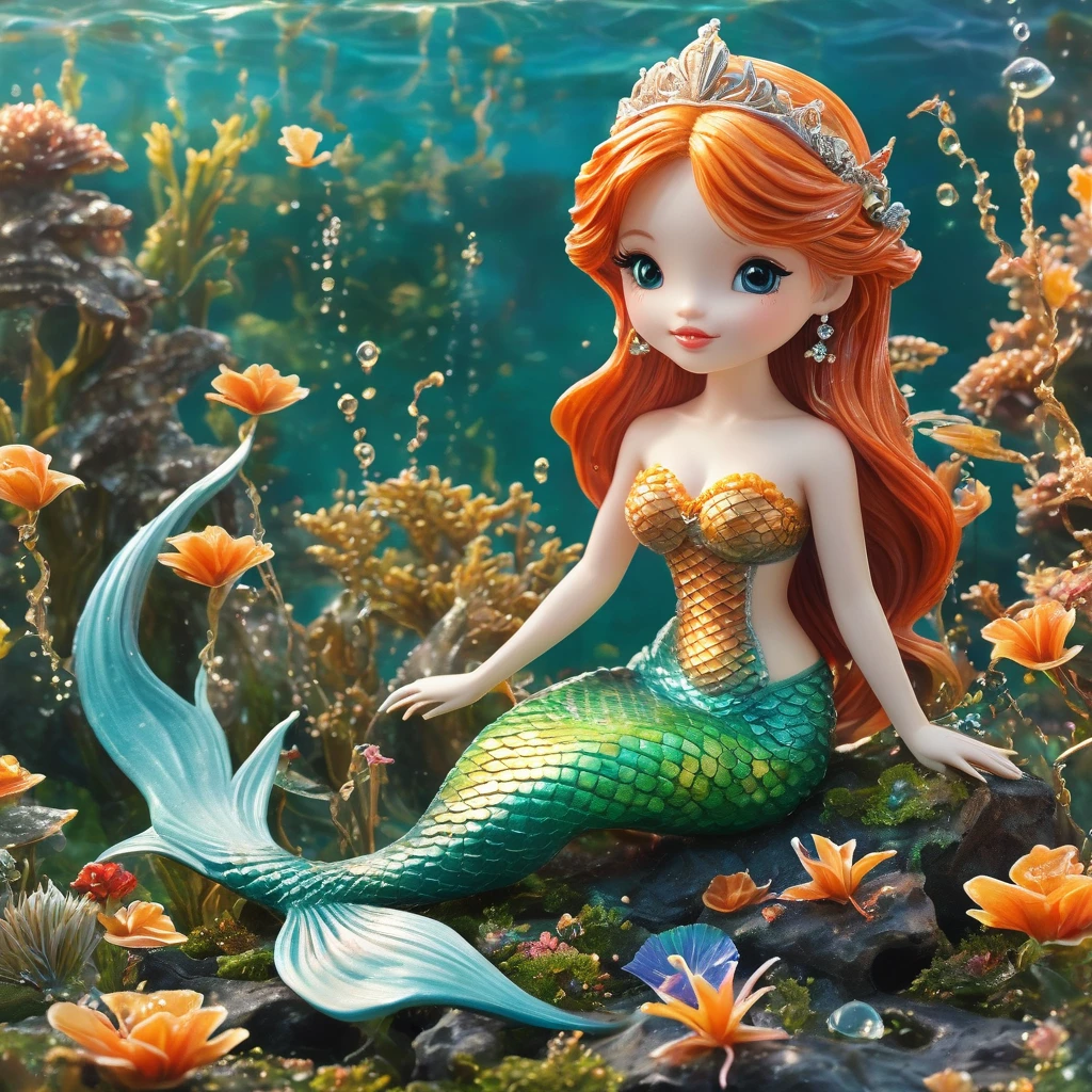 best quality, very good, 16K, ridiculous, Extremely detailed, Lovely(((Mermaid Princess:1.3))),Made of translucent boiling lava, Background grassland((A masterpiece full of fantasy elements))), ((best quality)), ((Intricate details))(8k)