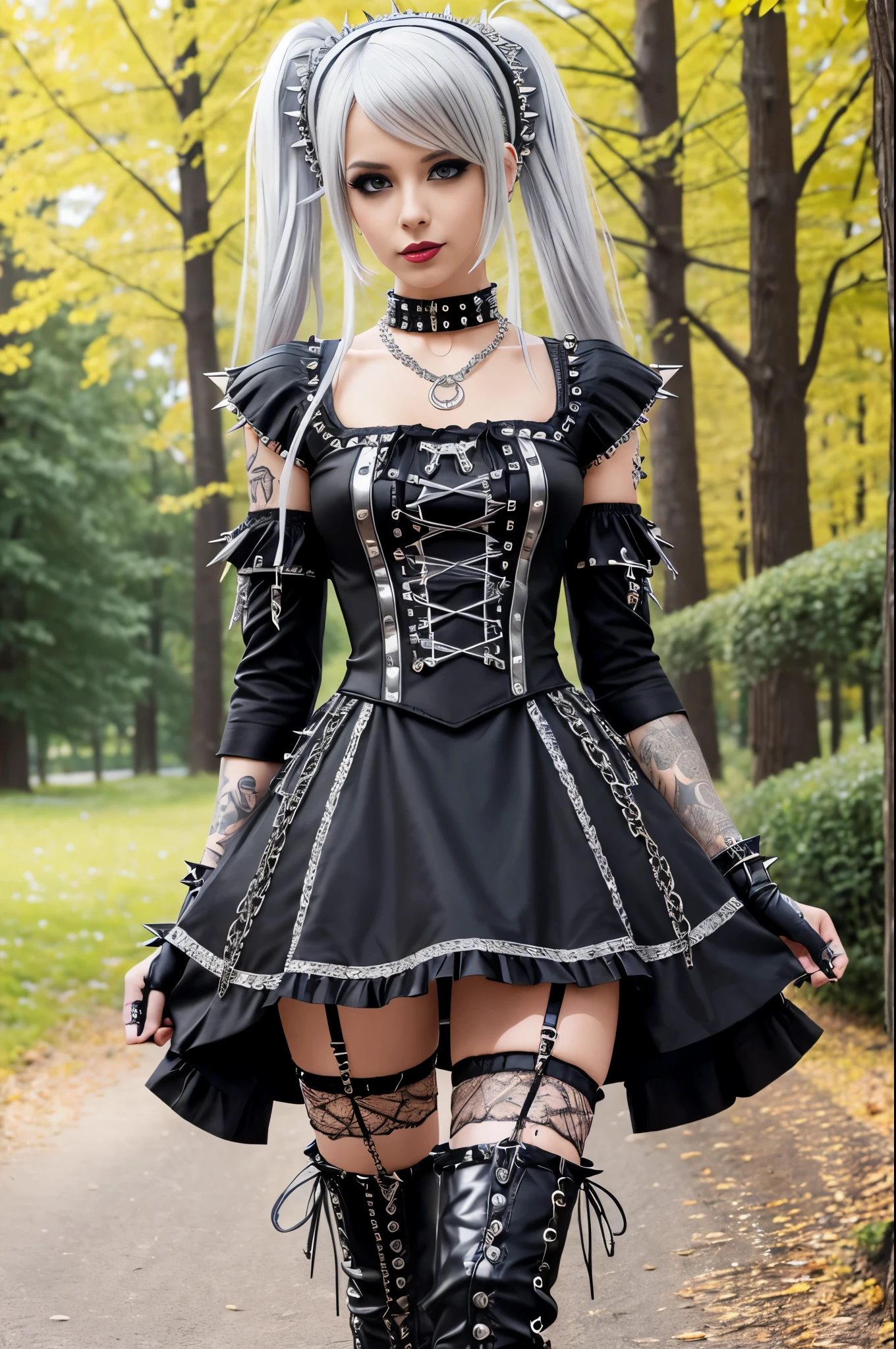 sexy stylish Swedish model, only 1 female, long multicolor stylish hair, ((shiny Punk-Style boots)), smile, Punk makeup, lipgloss, ((sexy Punk Lolita cosplay)), unconventional skirt, petticoats, high neckline, ((ultra detailed lace)), ((ultra detailed embroidery)), intricate details, tartan patterns, ((silver chains)), ((silver spikes)), ((safety pins)), Punk Lolita accessoires, Punk Lolita choker, ((large sparkling Punk Lolita jewelry)), cinematic light, detailed large park background with trees