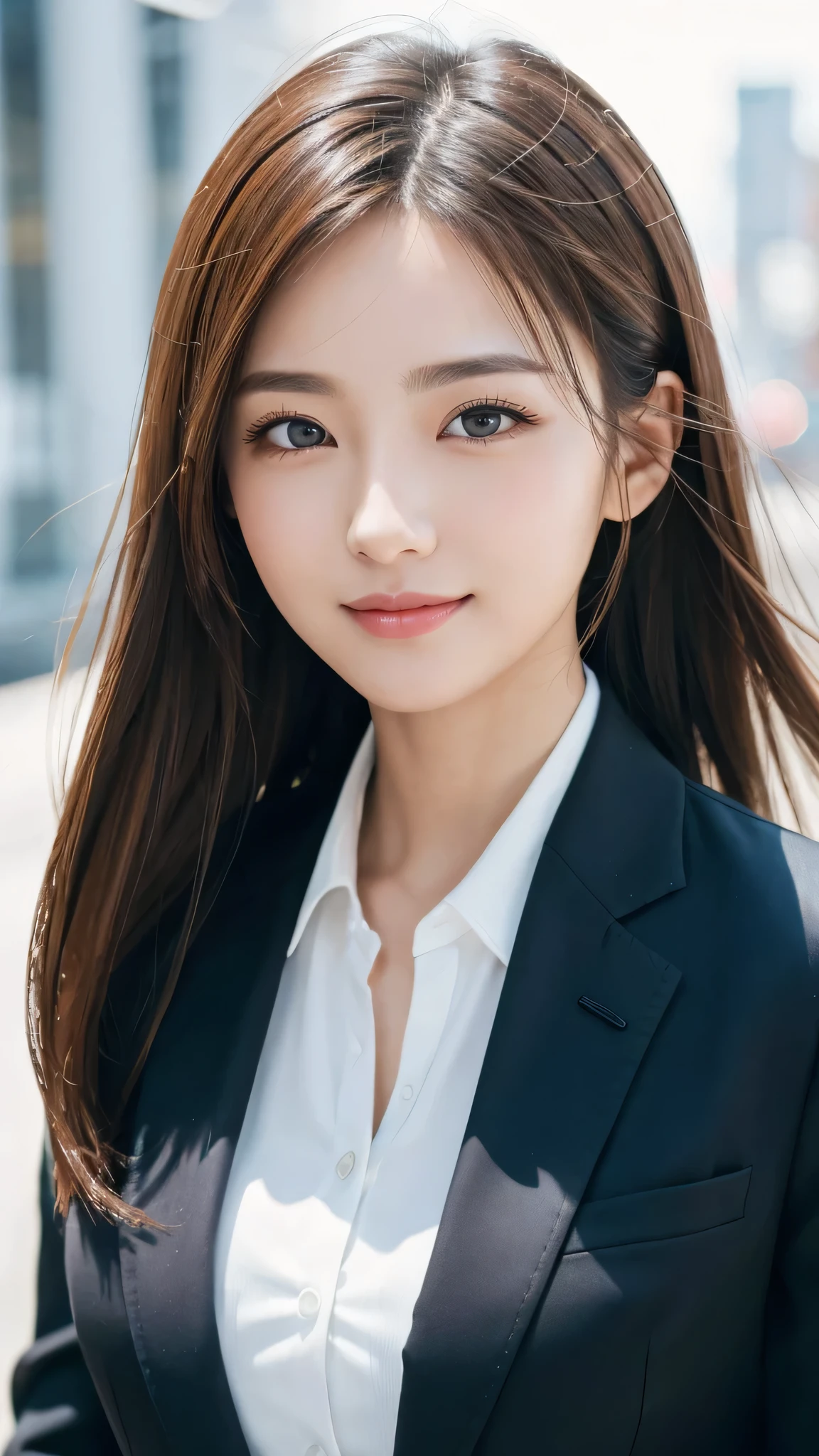 table top、highest quality、genuine、Super detailed、finely、High resolution、8k wallpaper、one beautiful woman、、、light brown disheveled hair、wearing a business suit、sharp focus、perfect dynamic composition、beautiful and detailed eyes、thin hair、Detailed genuine skin texture、smile、model body shape、In Tokyo at morning、Brush your hair up with your fingers.
