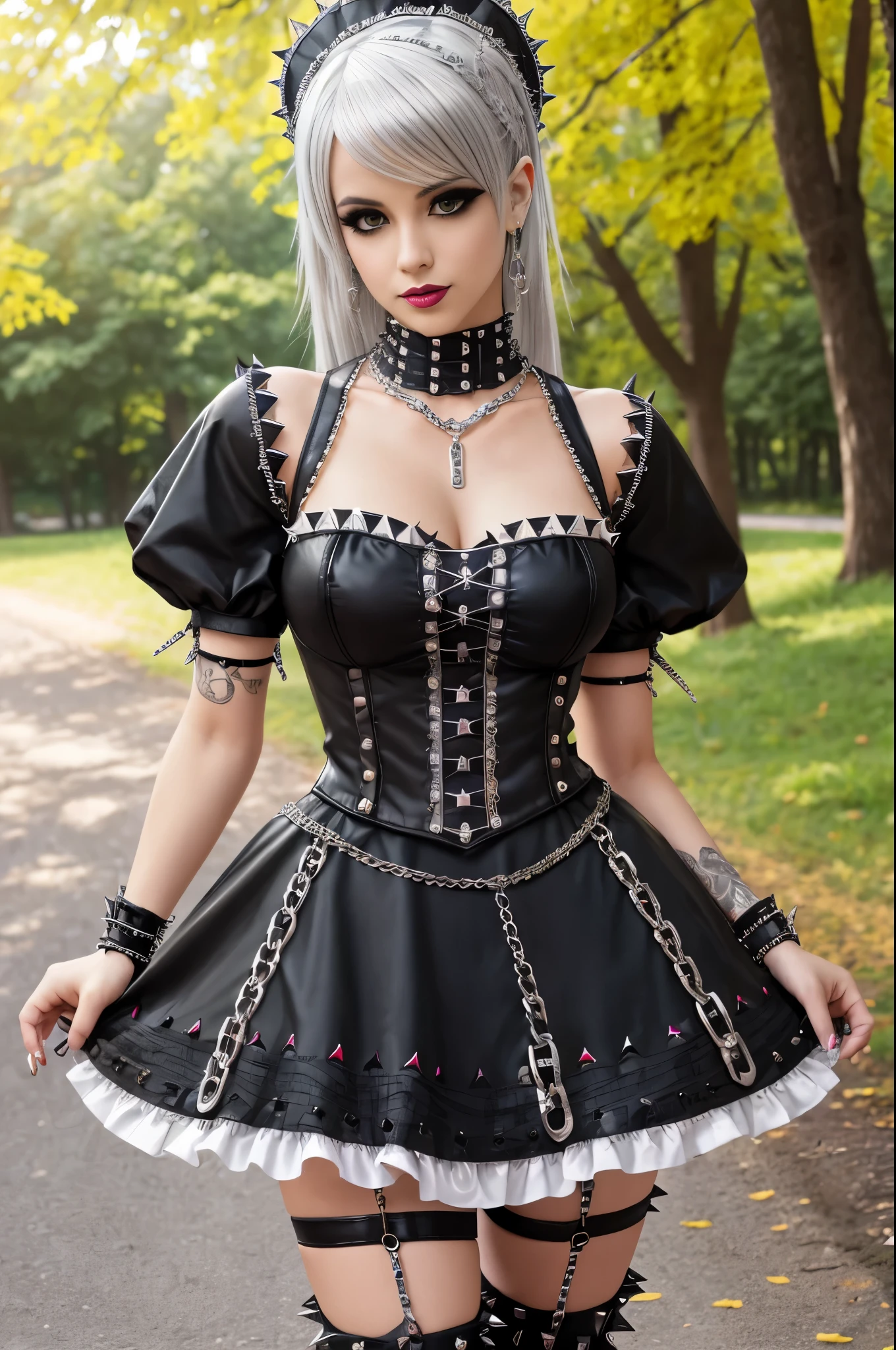 sexy stylish Spanish model, only 1 female, long multicolor stylish hair, ((shiny Punk-Style boots)), smile, Punk makeup, lipgloss, ((sexy Punk Lolita cosplay)), unconventional skirt, petticoats, high neckline, ((ultra detailed lace)), ((ultra detailed embroidery)), intricate details, tartan patterns, ((silver chains)), ((silver spikes)), ((safety pins)), Punk Lolita accessoires, Punk Lolita choker, ((large sparkling Punk Lolita jewelry)), cinematic light, detailed large park background with trees
