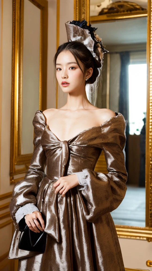 Marie Antoinette、Wear colorful, extravagant clothing、Open chest、I'm not wearing anything underneath、See-through、Full Body Shot、20th Ayaka、NiziU AYAKA、 4K、1People Women、slender、 Loose, wavy styling 、Fascinating and attractive、Including the texture of the face and skin.,Detailed eyes