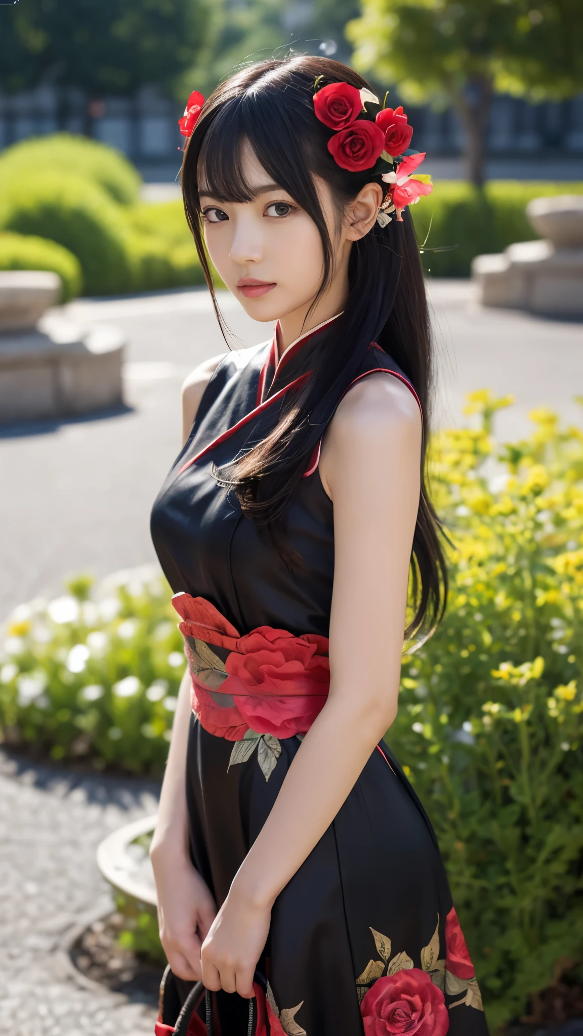 Anime girl in a red and black dress with a red flower in her hair, artwork in the style of Gweitz, Gweitz, Chinese Girl, Trending on cgstation, Cute anime waifu in a nice dress, Gweitz on pixiv artstation, palace ， Girl in Hanfu, Beautiful digital art, Gweitz on artstation pixiv