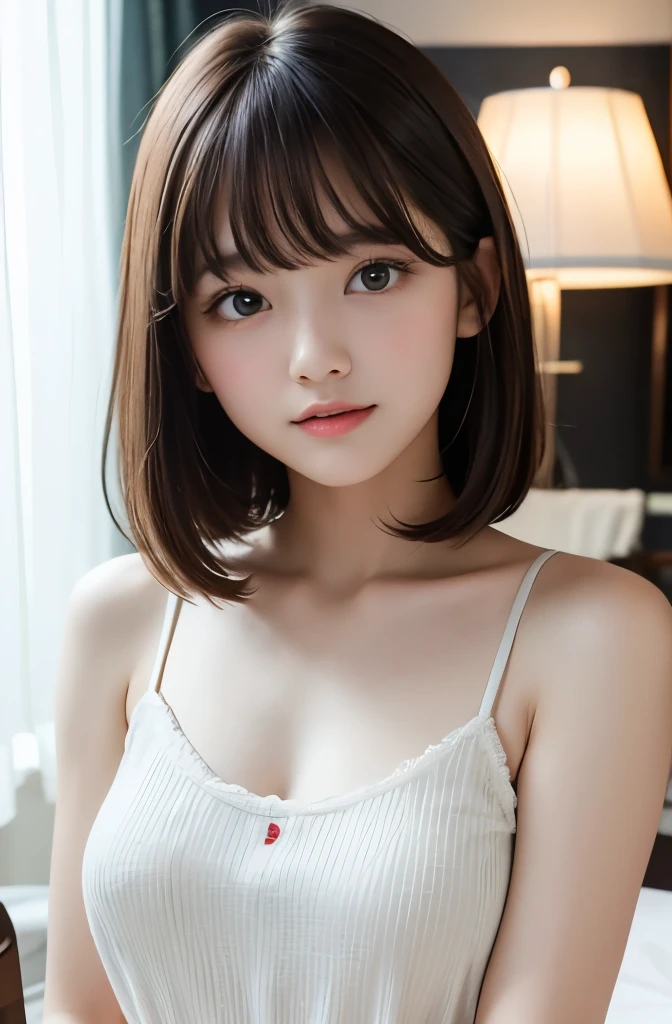 highest quality,Photo quality,Ultra-high resolution,Professional Lighting,18-year-old,Beautiful face like an actress,With bangs,Cute as a little sister:1.2,camisole