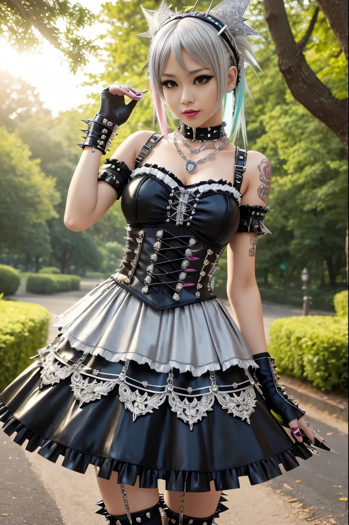 sexy stylish Japanese model, only 1 female, long multicolor stylish hair, ((shiny Punk-Style boots)), smile, Punk makeup, lipgloss, ((sexy Punk Lolita cosplay)), unconventional skirt, petticoats, high neckline, ((ultra detailed lace)), ((ultra detailed embroidery)), intricate details, tartan patterns, ((silver chains)), ((silver spikes)), ((safety pins)), Punk Lolita accessoires, Punk Lolita choker, ((large sparkling Punk Lolita jewelry)), cinematic light, detailed large park background with trees 