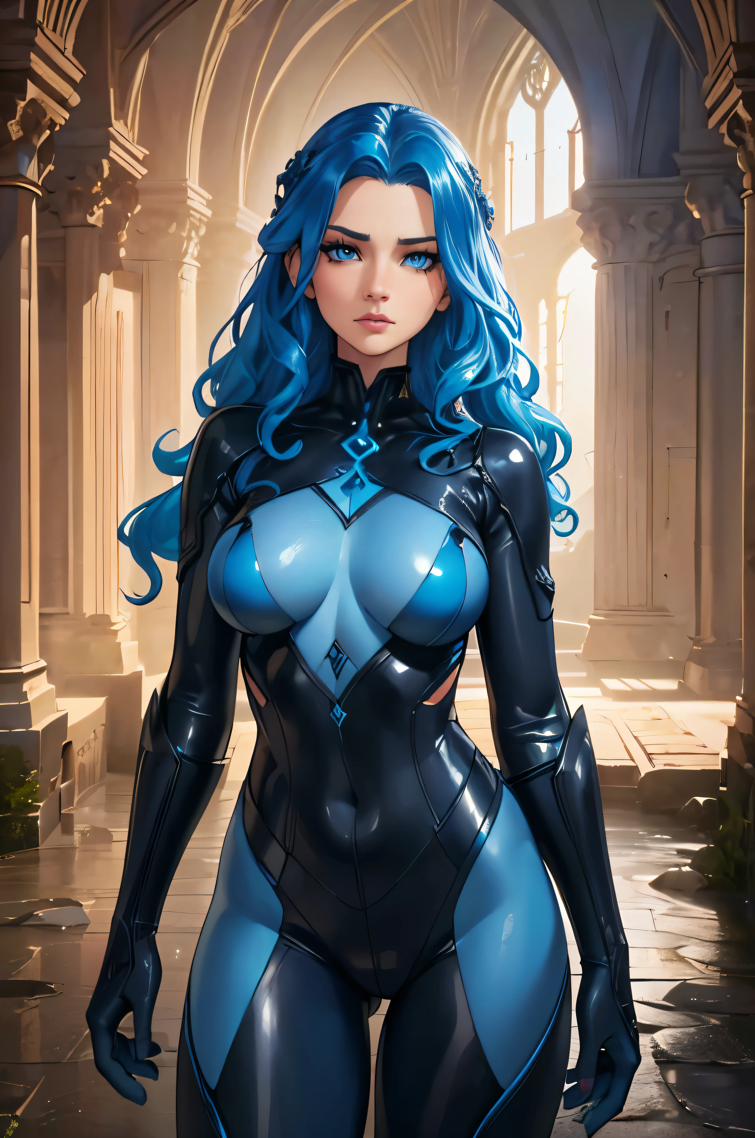 A young woman with beautiful electric blue wavy hair, piercing blue eyes, wearing a dark slime tight suit, standing in a medieval castle, fantasy scene, (best quality,4k,8k,highres,masterpiece:1.2),ultra-detailed,(realistic,photorealistic,photo-realistic:1.37),intricate details, cinematic composition, vibrant colors, moody atmosphere