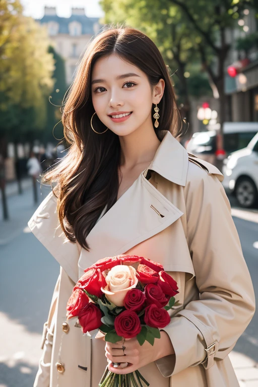 highest quality、4K、Perfect Face、Perfect Style、Sunburn、beautiful、stylish appeal、Mature、french twist hair、Swept-back hair、in paris 、full body, giddy smile、havin a rose bouquet 、hoop pierce、trench coat、