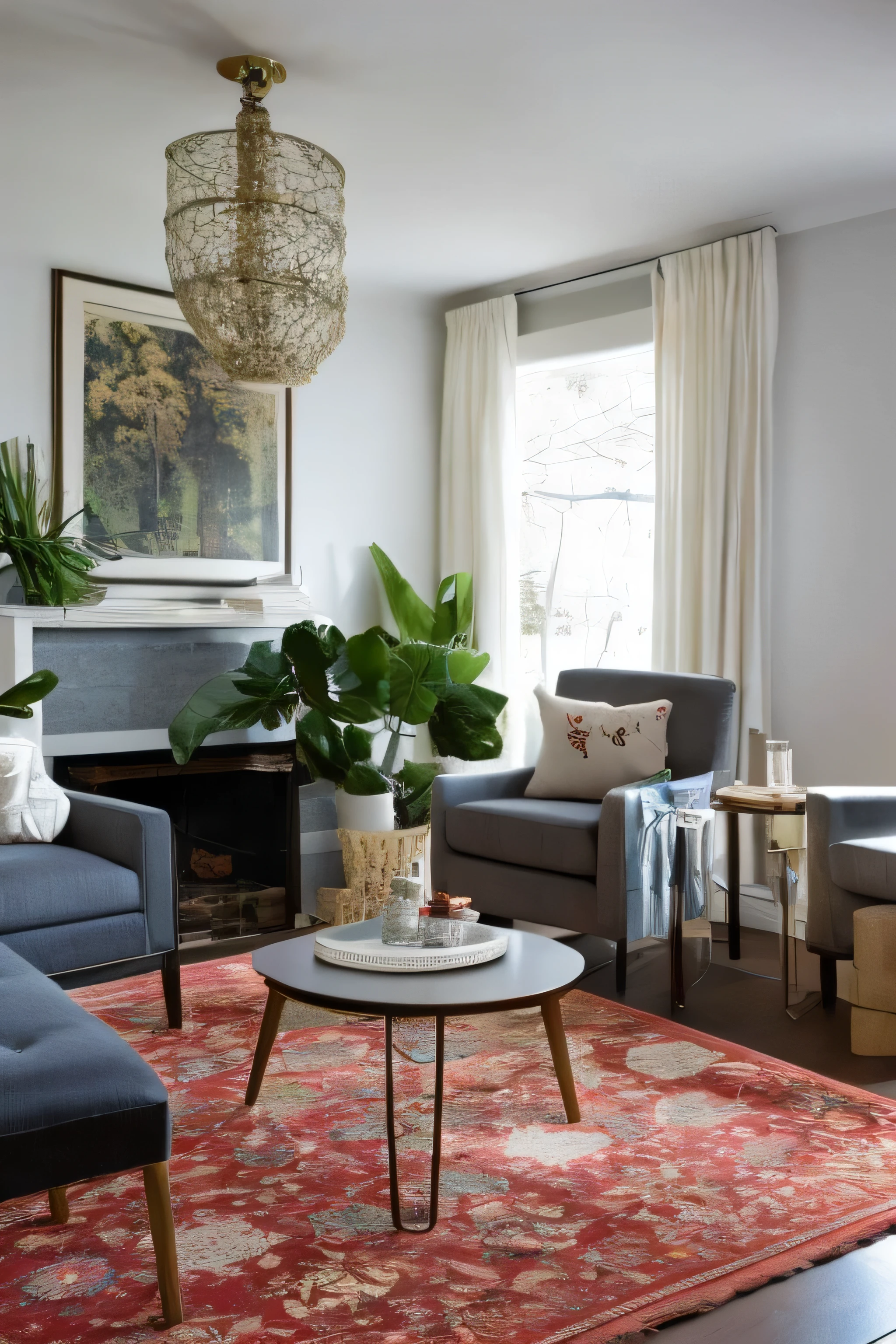 Modern living room with coral and white color scheme. Features a large window with a scenic outdoor view, allowing natural light to flood the room. The space includes white sofas with coral cushions, a coral armchair, and a round coffee table with a gold frame. A decorative coral rug with white patterns lies on the floor. The room is adorned with a large, elegant chandelier and potted plants on a side table. Coral curtains frame the window, complementing the overall color palette. The ceiling is coral with white accents, enhancing the cohesiveness of the design.