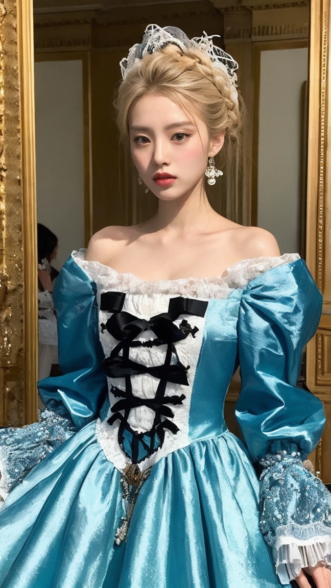 Marie Antoinette、Wear colorful, extravagant clothing、Open chest、I&#39;m not wearing anything underneath、See-through、Full Body Shot、20th Ayaka、NiziU AYAKA、 ４Ｋ、１People Women、slender、 Loose, wavy styling 、Fascinating and attractive、Including the texture of the face and skin.，Detailed eyes