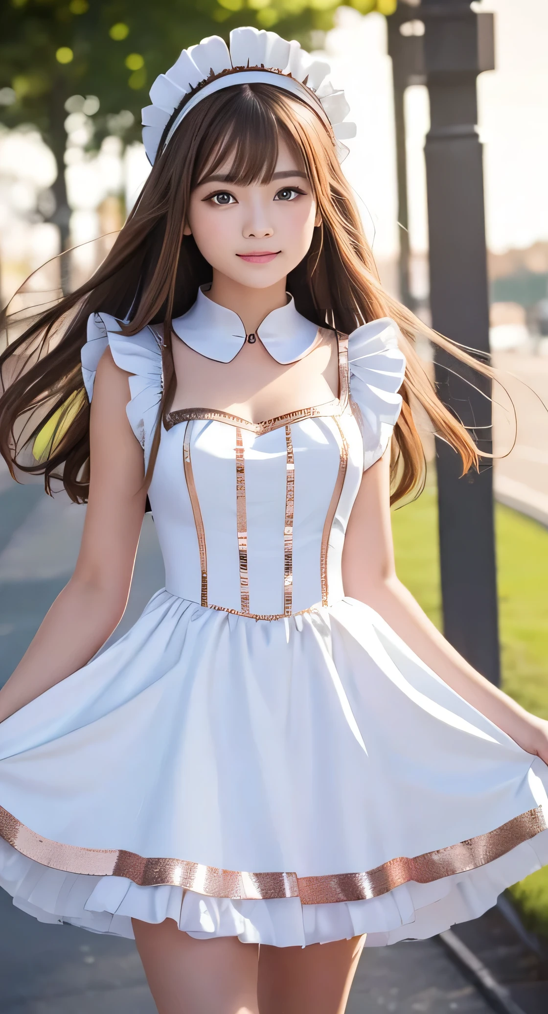 Angelic very beautiful cute young girl,
Beautiful detailed eyes, (14 yo:1.2),
Detailed double eyelids,
(Soft Saturation: 1.3), 
(Fair skin: 1.3),v-line jaw,
(Large eyes:1.4),
Long straight brown hair, 
see-through bangs,
Sharp Focus,
beautiful detailed face and eyes, 
drooping eyes,
small straight nose,
small mouth, 
happy smiling with visible teeth, 85mm lens, F/8.0,BREAK (Super shiny white and metallic rose gold maid costume :1.3),Walking,Brown hair ,(Costumes with strong reflective surfaces:1.3),
(Best Quality:1.2),(Maid costume:1.5),
Raw photo, 
High resolution, 
perfect  detail, 
Professional Photography, 
Professional Lighting,
Powerful lighting of the costume,In the street