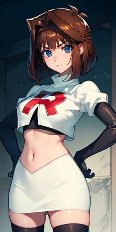 
aamazaki,(antenna hair:1.2),(brown hair),(blue eyes),earrings, glossy lips ,team rocket uniform, red letter R, white skirt,white crop top,black thigh-high boots, black elbow gloves, evil smile, hands on hips