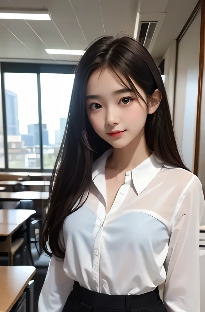 highest quality,Photo quality,Ultra-high resolution,Professional Lighting,18-year-old,Beautiful face like an actress,valley,Transparent blouse,classroom