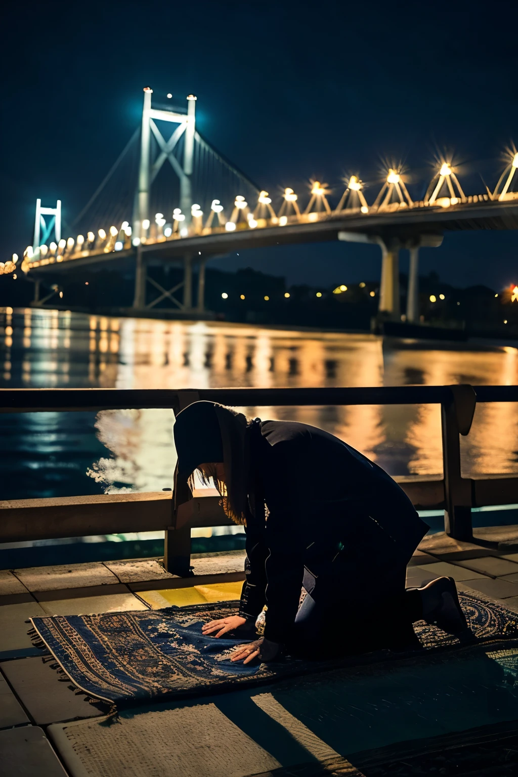 In a blue night scene, a person wearing dark clothes is seen prostrating on a prayer rug on the edge of a bridge in Istanbul.. Next to it is the Holy Quran. In the background, the bridge spans the water and the city is visible