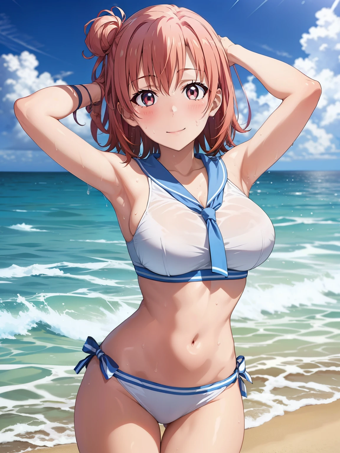 ((highest quality, High resolution,  Perfect Pixel,  4k)), (1 girl),  (Beautiful Anime Girls), 
Watching the audience, 
Perfect body, 

yuigahama yui, (Big Breasts:1.3)、Detailed eyes、Brown eyes、、Chibi Character、

(blush:1.3)、smile、

imas_sailor_bikini, striped bow, thighs,

Depth of written boundary、
Focus on the chest、(Sweat:1.3)、null、cloud、Beach、arms up, 
