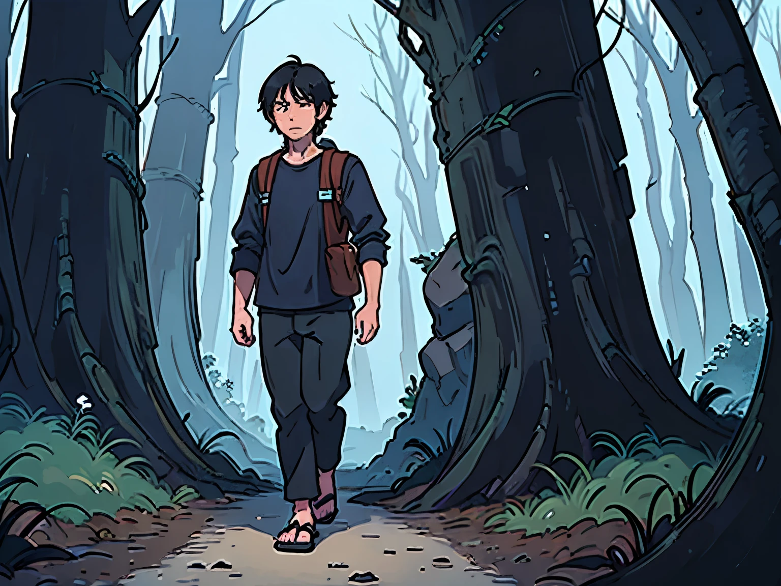 A wandering black haired man dressed in blue shirt with black pants, backpack and sandals. He's wandering alone in the forest with no one around