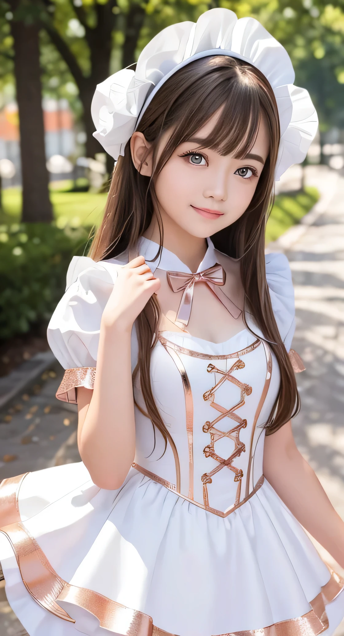 Angelic very beautiful cute young girl,
Beautiful detailed eyes, (14 yo:1.2),
Detailed double eyelids,
(Soft Saturation: 1.3), 
(Fair skin: 1.3),v-line jaw,
(Large eyes:1.4),
Long straight brown hair, 
see-through bangs,
Sharp Focus,
beautiful detailed face and eyes, 
drooping eyes,
small straight nose,
small mouth, 
happy smiling with visible teeth, 85mm lens, F/8.0,BREAK (Super shiny white and metallic rose gold maid costume :1.3),Walking,Brown hair ,(Costumes with strong reflective surfaces:1.3),
(Best Quality:1.2),(Maid costume:1.5),
Raw photo, 
High resolution, 
perfect  detail, 
Professional Photography, 
Professional Lighting,
Powerful lighting of the costume,In the street