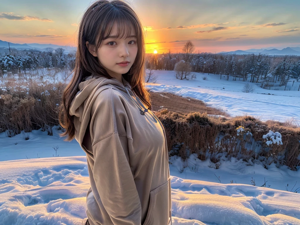 ((top-quality、8K、​masterpiece:1.3))、1girl in、Beautiful woman standing on snowy mountain:1.3、(brown long-haired、Colossal tits:1.4)、(Big Silhouette M51 Field Hoodie:1.5)、Super delicate face、Delicat eyes、double eyelid、Close-up of upper body from below、Sunset、
