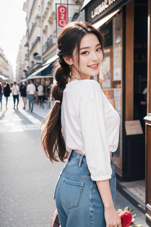 highest quality、4K、Perfect Face、Perfect Style、Sunburn、beautiful、stylish appeal、Mature、braid hair、Swept-back hair、in paris 、full body, giddy smile、havin a rose bouquet 、hoop pierce、white Tshirts、jeans
